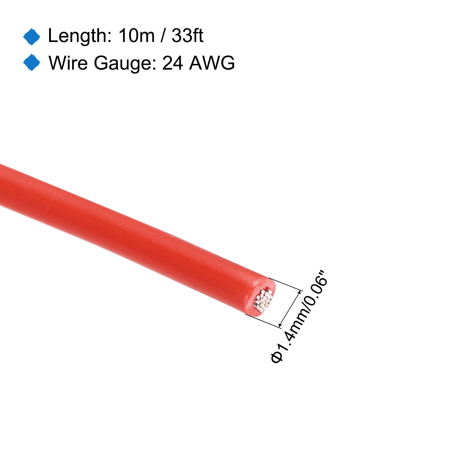 24AWG Stranded Wire PVC Hookup 10M/33ft Red, Electrical Wire UL1007 Spool