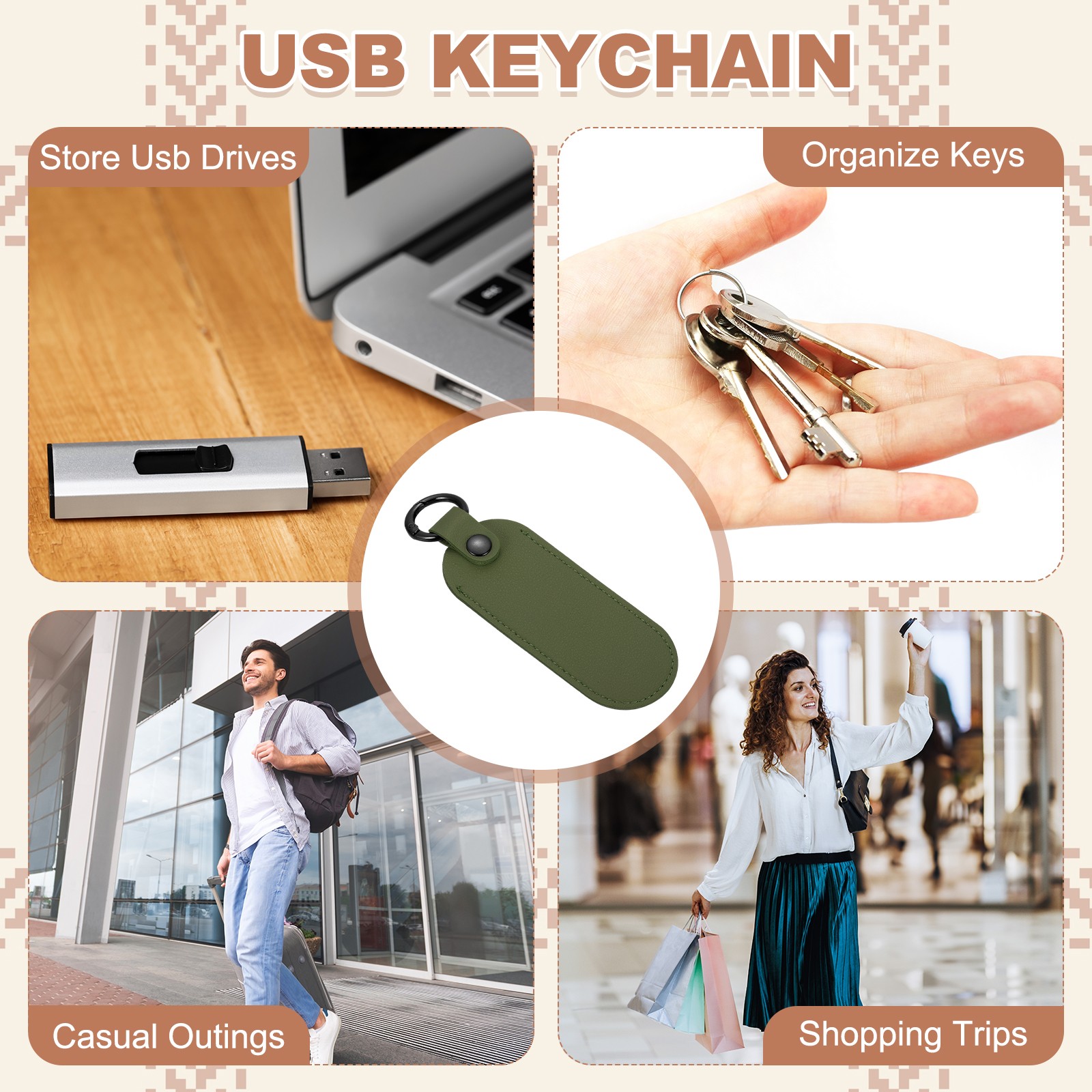2 Pcs 5"x1.7" Leather USB Flash Drive Holder with Keychain Portable,Green