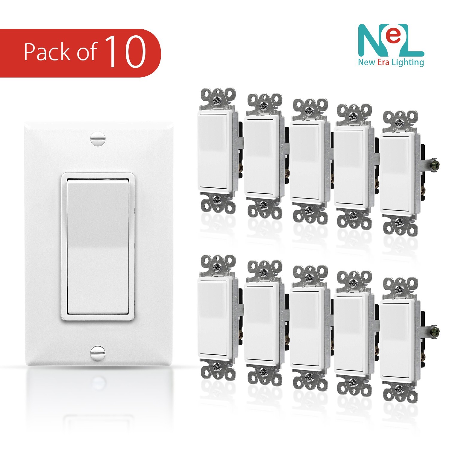 3-Way, Single-Pole, Wall Light Switch, On/Off Rocker Paddle Switch, UL, 10 Pack