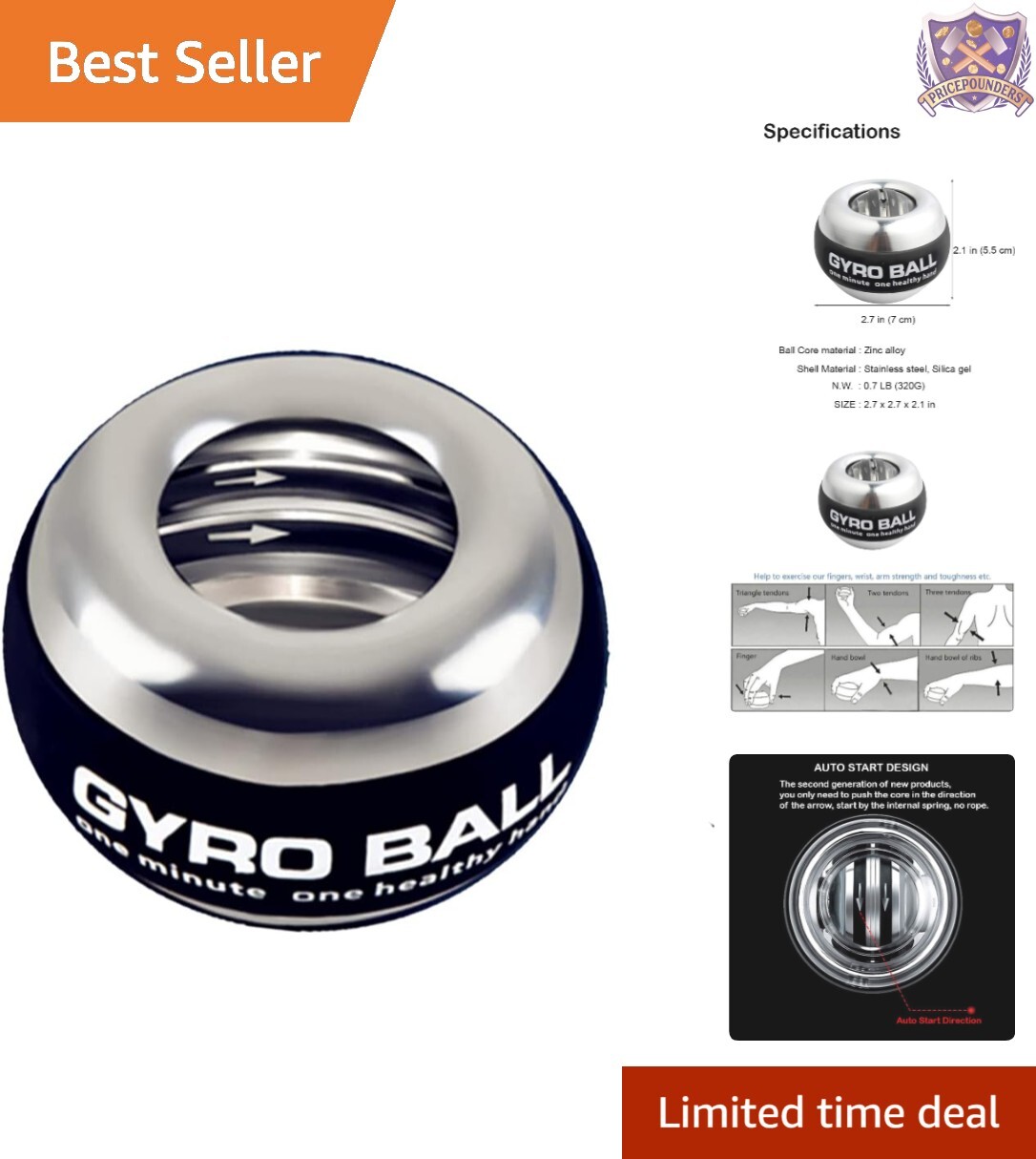 Power Gyro Ball Metal Training LED High Tension Wrist Strengthener Rehabilitate