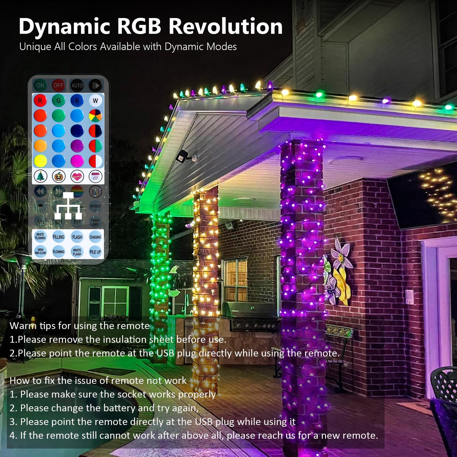 RGB Christmas Lights, 33FT 100 LED Color Changing String Lights with Remote, Dim