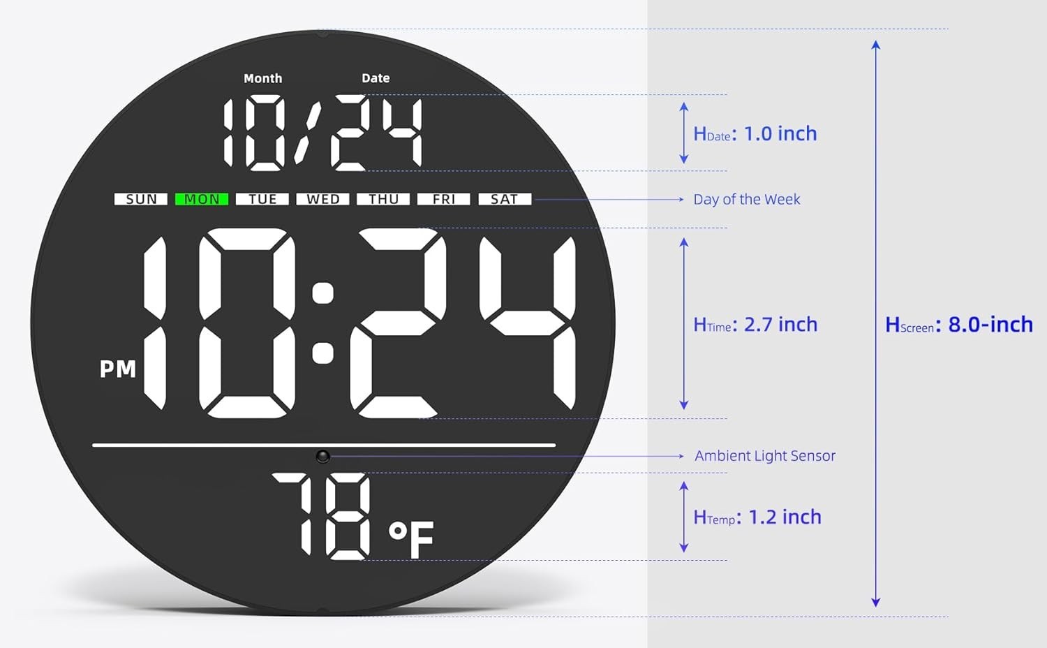 Digital LED Wall Clock w/ Large Display, Date, Temp, Auto-Brightness - 80 Charac