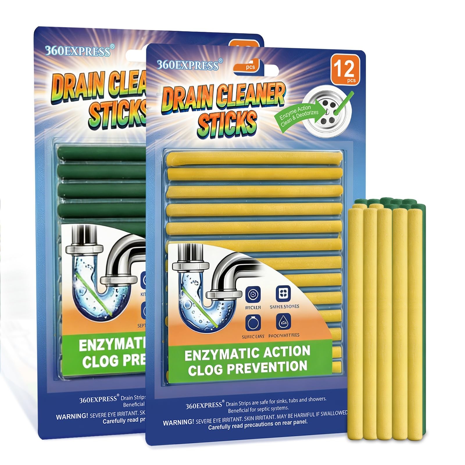 360EXPRESS Drain Cleaner and Deodorizer Sticks, 24 Pcs Enzyme Drain Sticks - ...