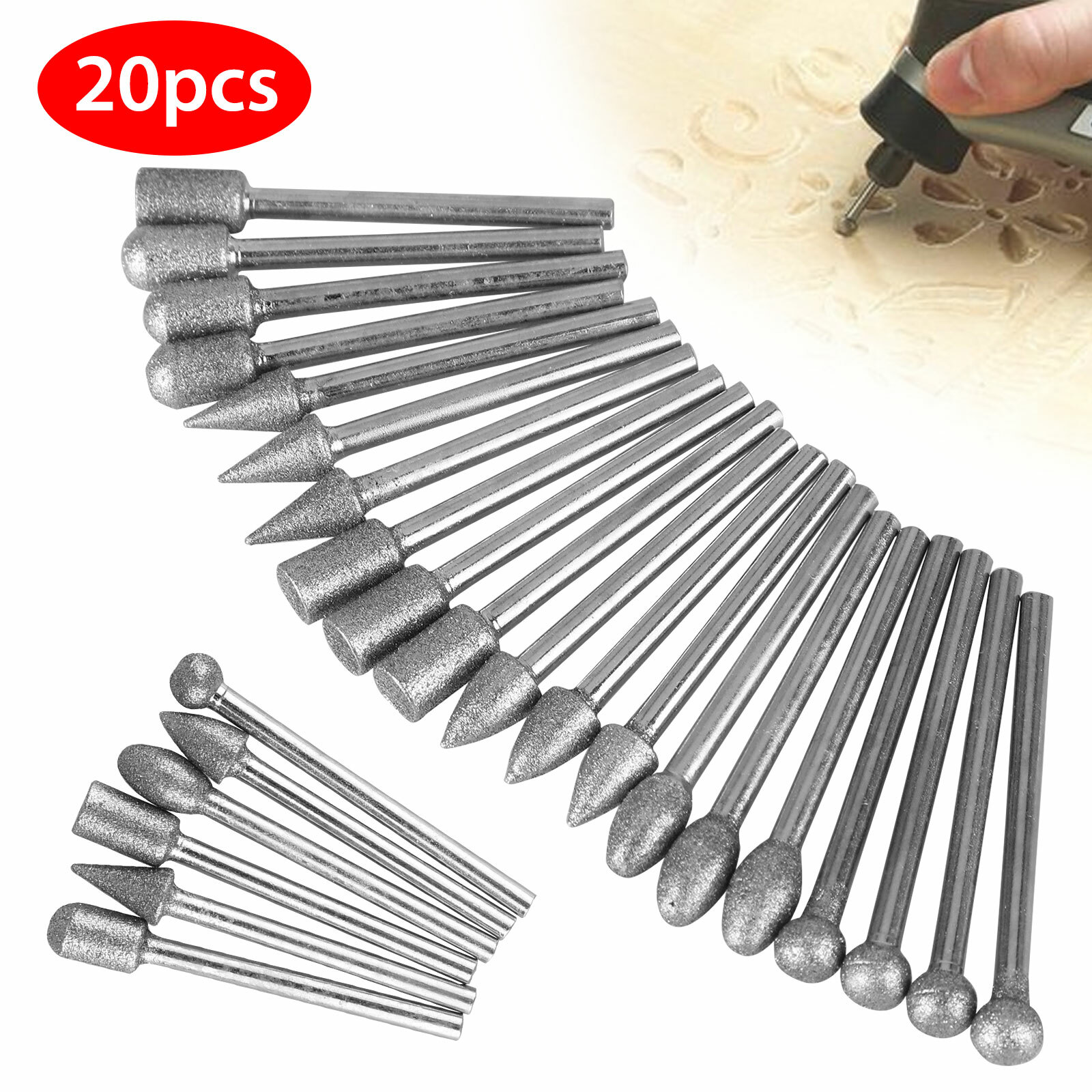 20Pcs 1/8" Diamond Burr Bit Set Cutting Carving Grinding for Dremel Rotary Tool
