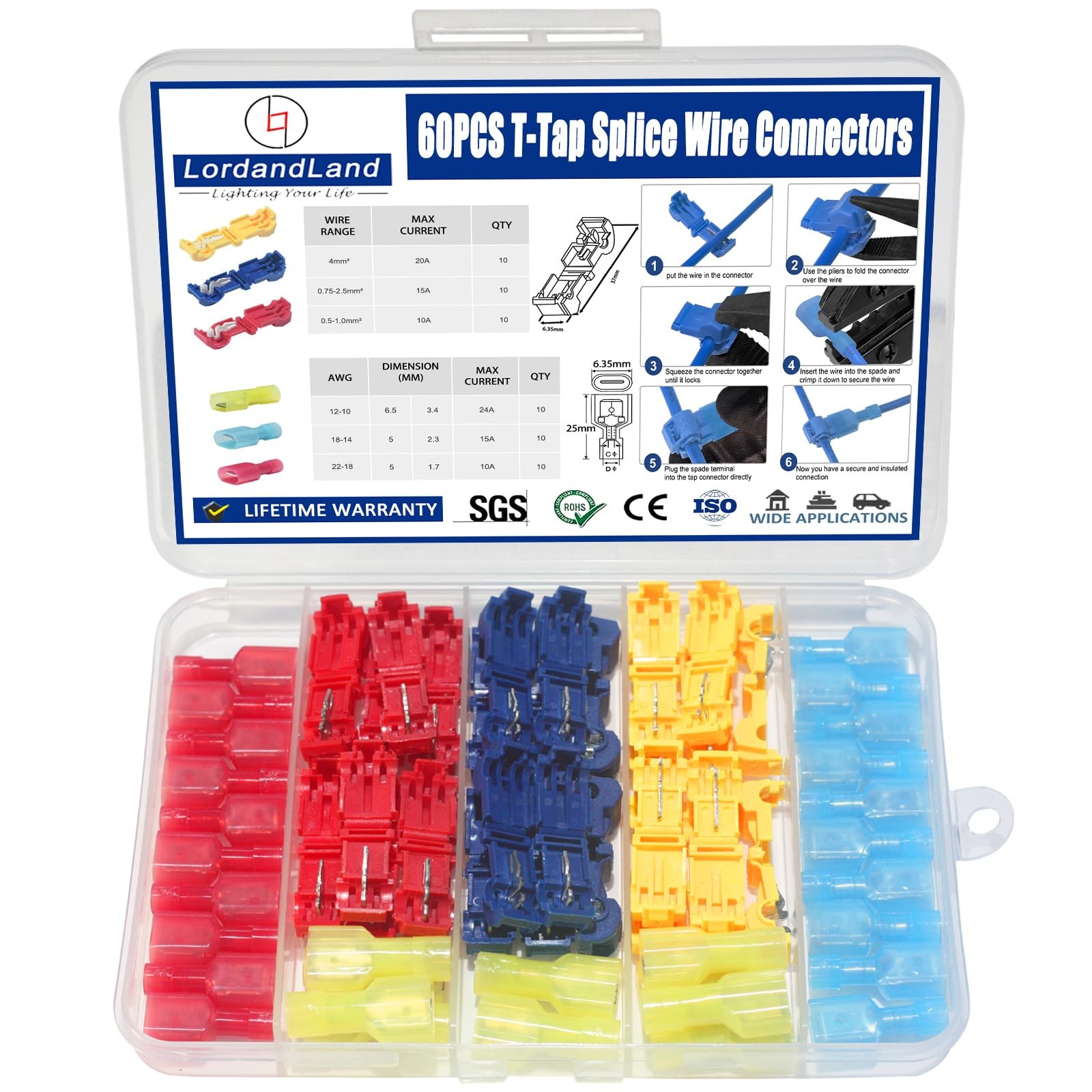 60 Pcs/30 Pairs Quick Splice Wire Terminals T-Tap Red, Blue, Yellow