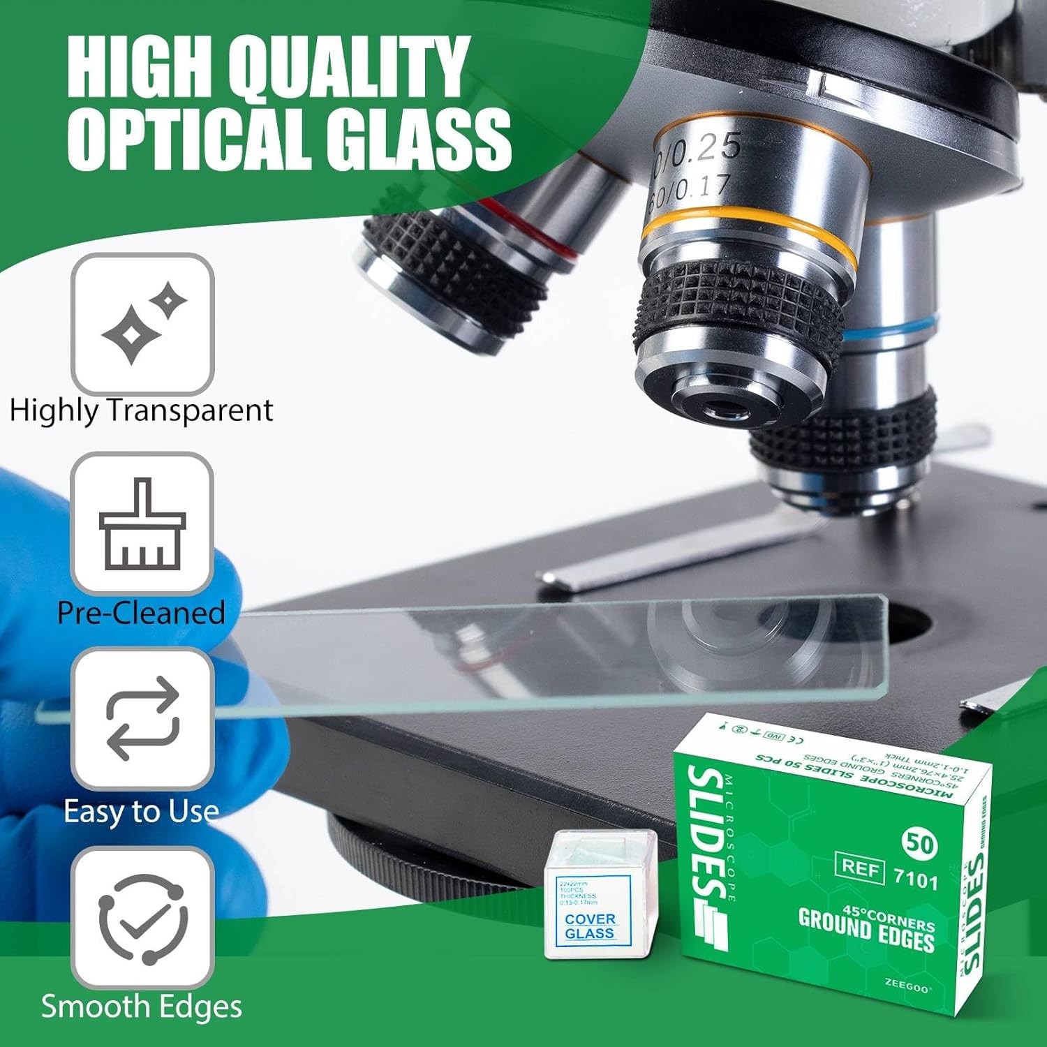 50 Pre-Cleaned Ultra-Clear Microscope Slides + 100 Coverslips 45° Ground Edged