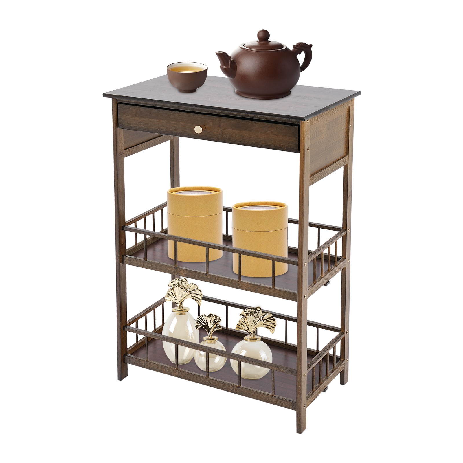 3 Tiers Side Table Side Table with Storage Drawer Bamboo End Table Tea Table