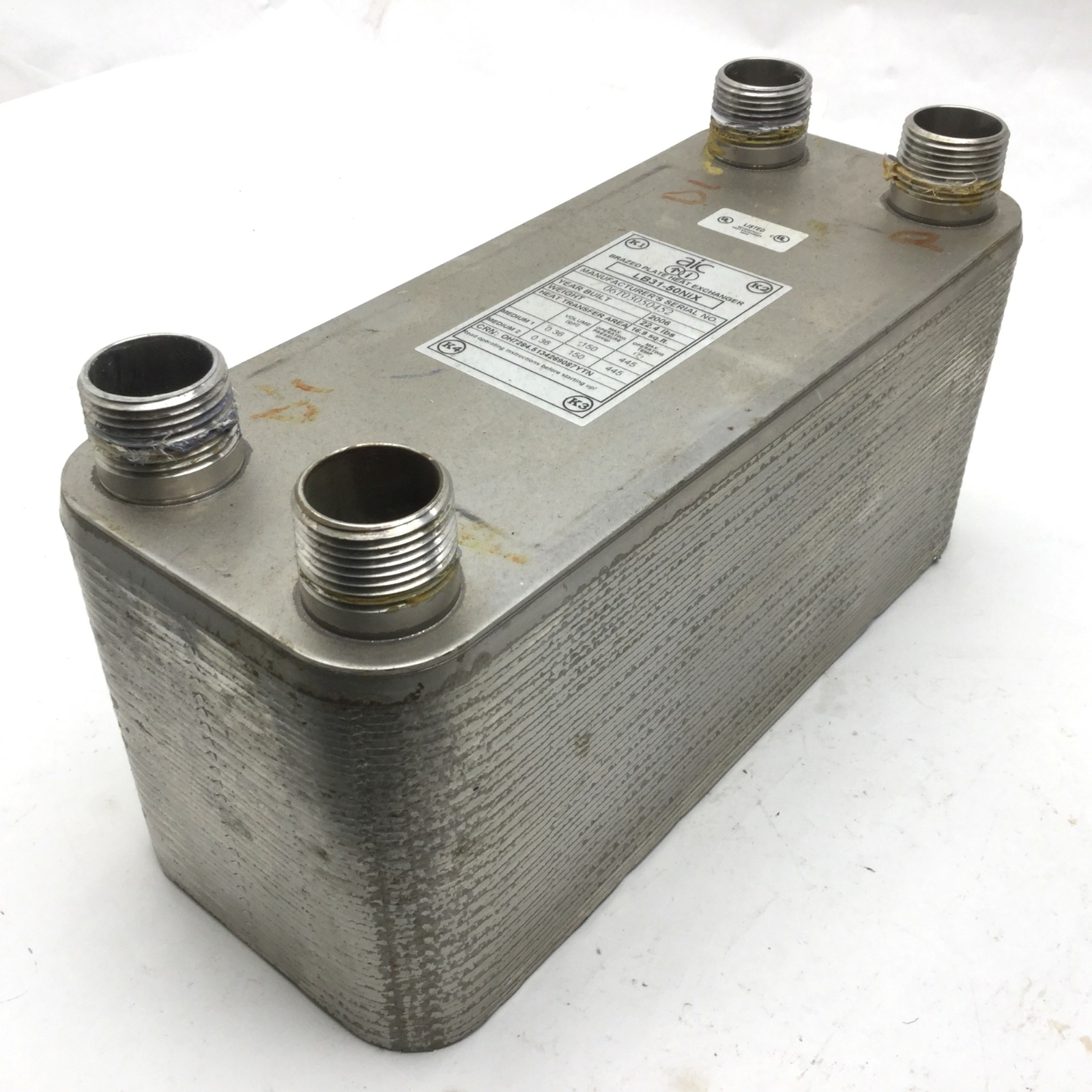 AIC LB31-50NiX Brazed Plate Heat Exchanger, 56 GPM, 150 PSIG Max, 445°F Max