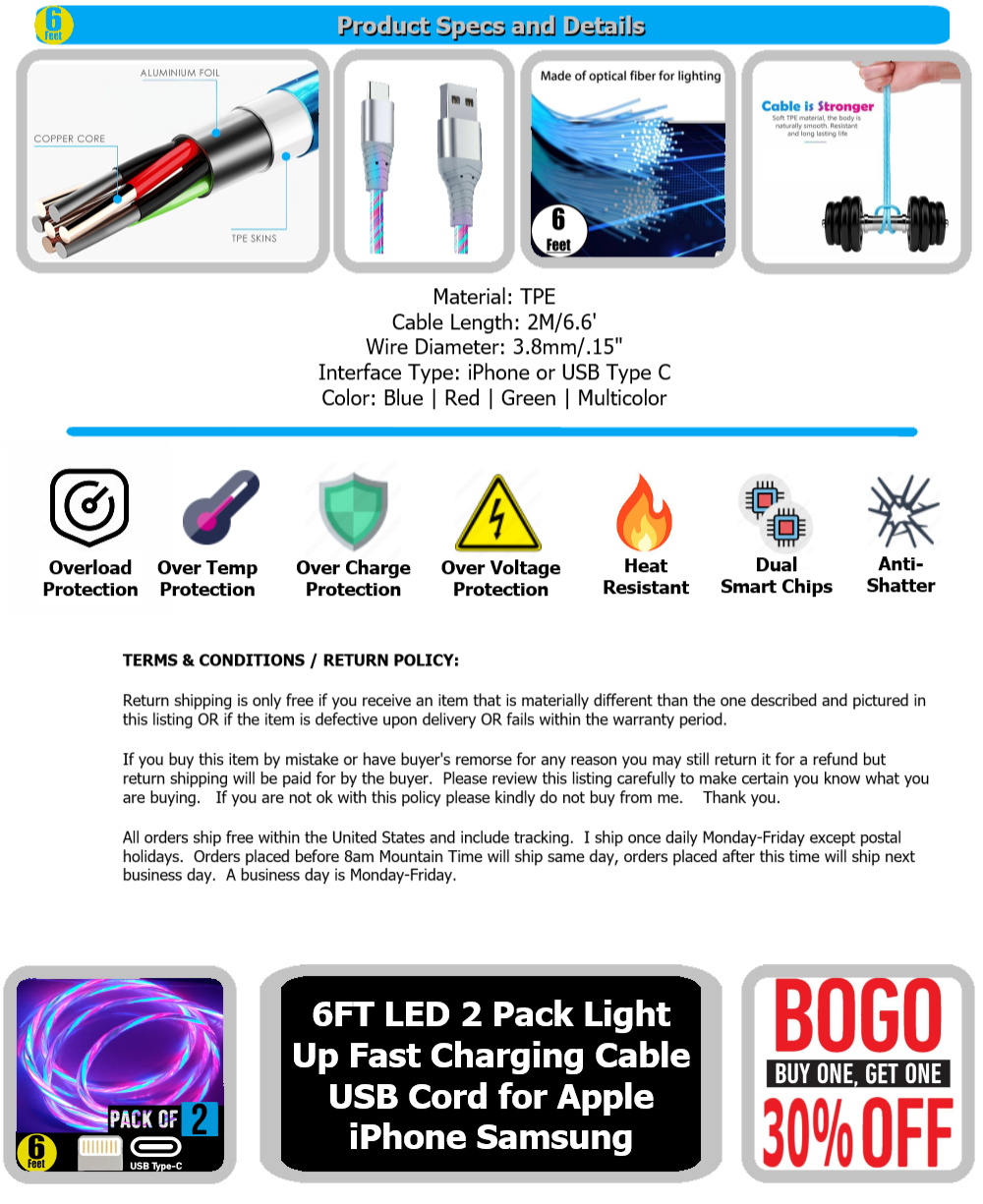 2 Pack 6ft LED Fast Charge Light Up Cable Cord for Samsung Apple iPhone Galaxy