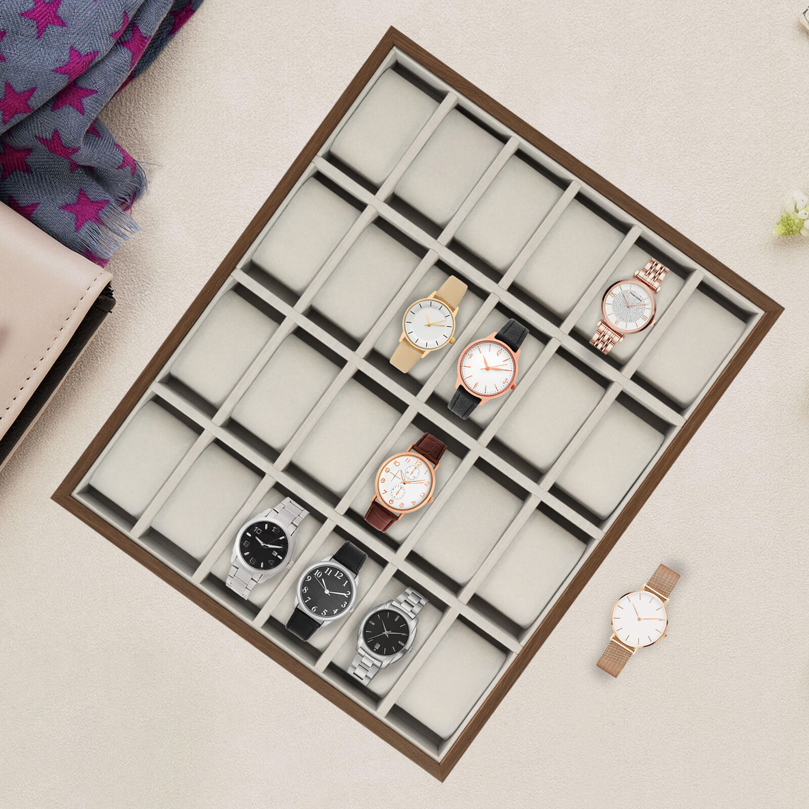 24 Slot Watch Box Wooden Display Case Organizer Jewelry Storage Case