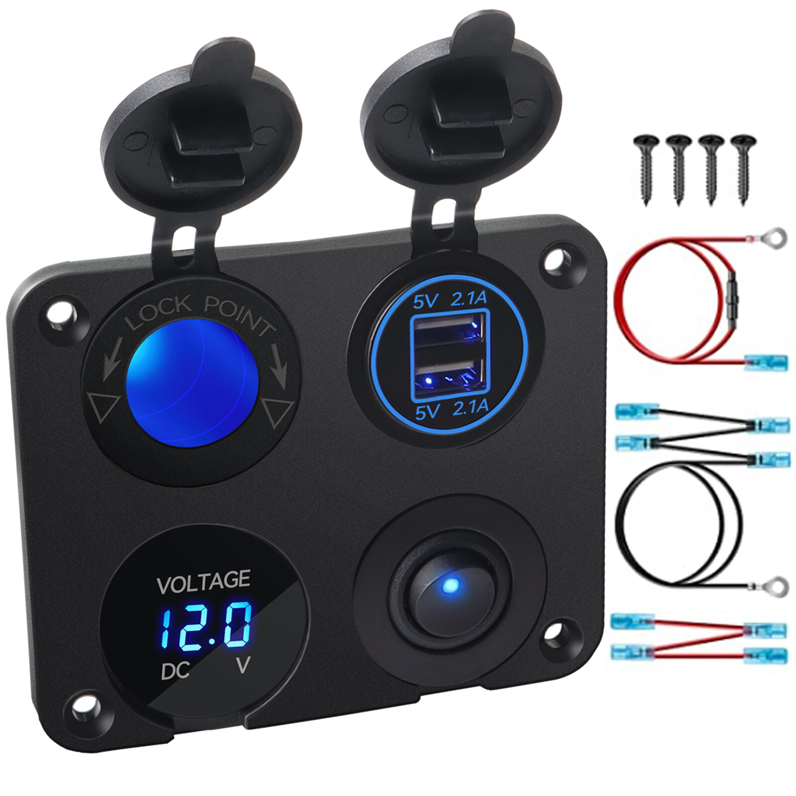 12V 4 In 1 Panel Dual USB Charger LED Voltmeter Cigarette Lighter Socket Outlet