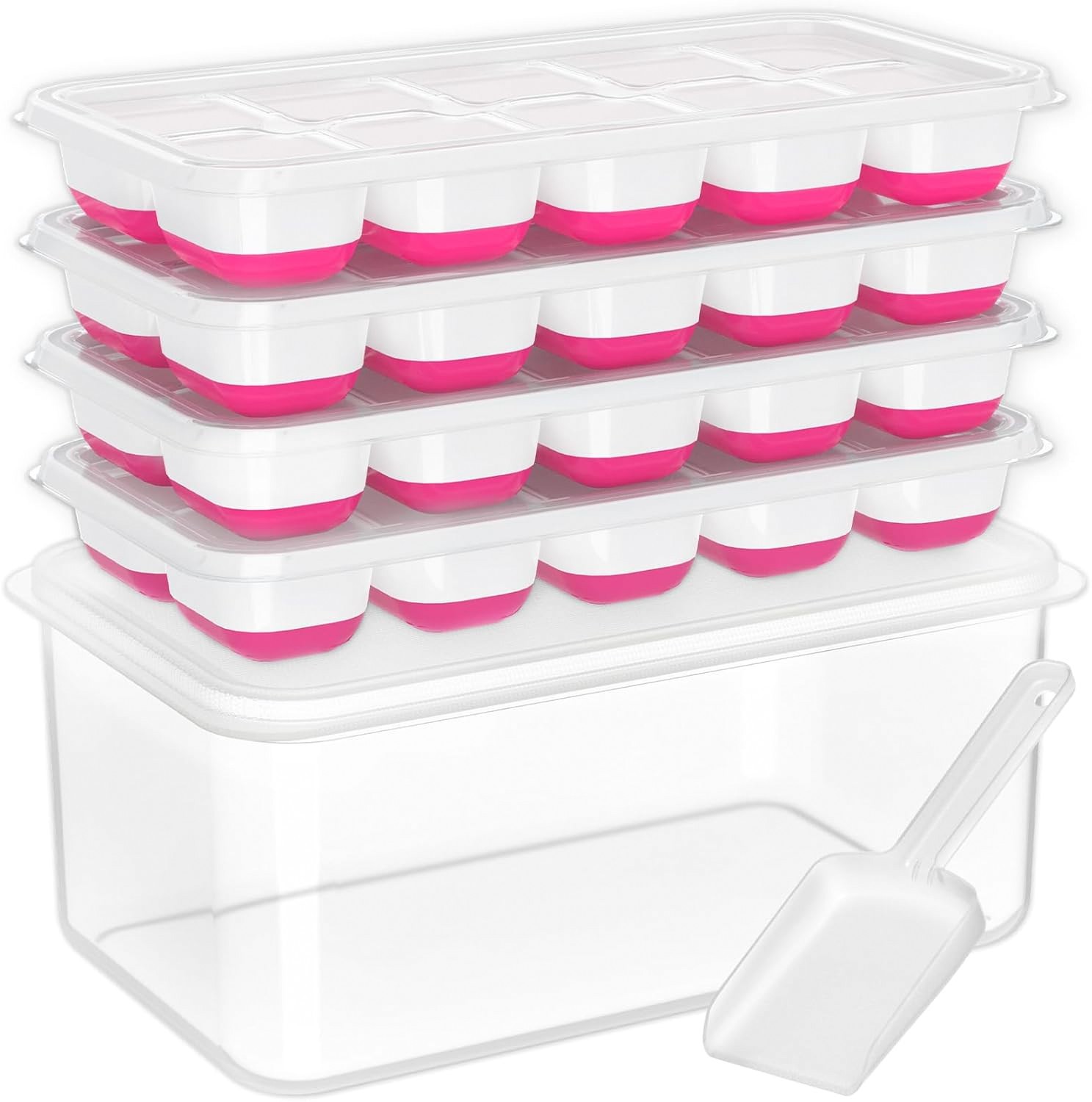 DOQAUS Ice Cube Tray 4 Pack with Lid Bin Scoop Silicone Freezer