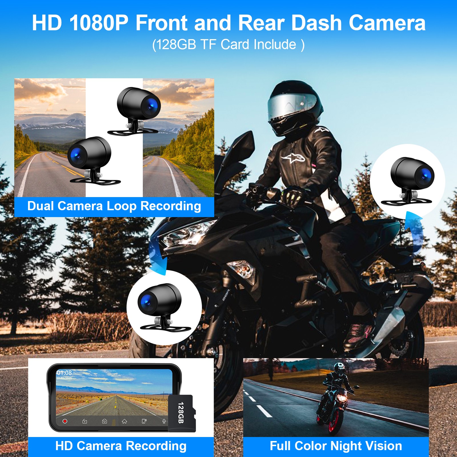 Motorcycle CarPlay/Android Auto GPS 1080P Dash Cam Front & Rear-IP67 Waterproof