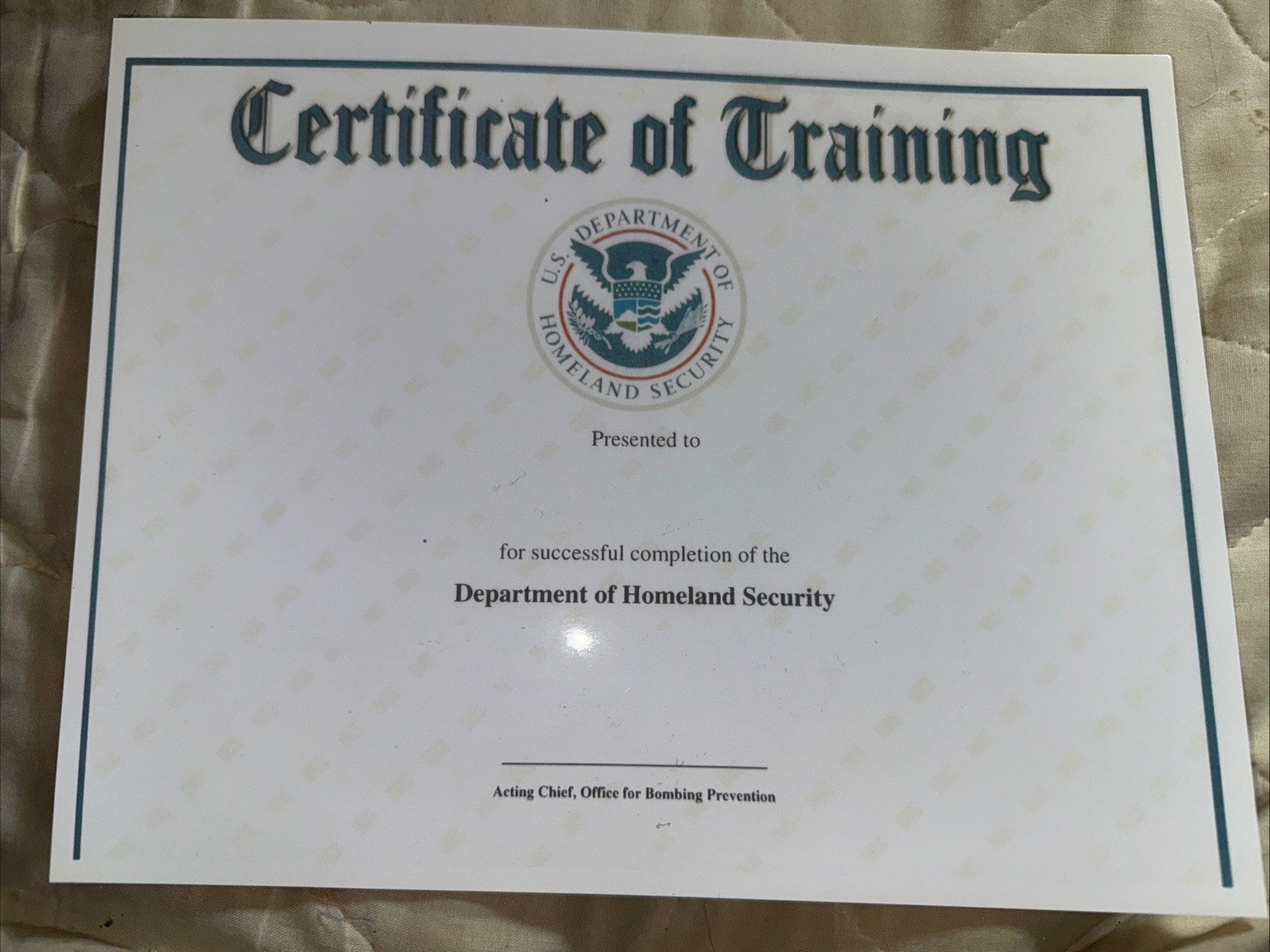 CERTIFCATE OF TRAINING- DEPARTMENT OF HOMELAND SECURITY COMES BLANK FILL IN OWN