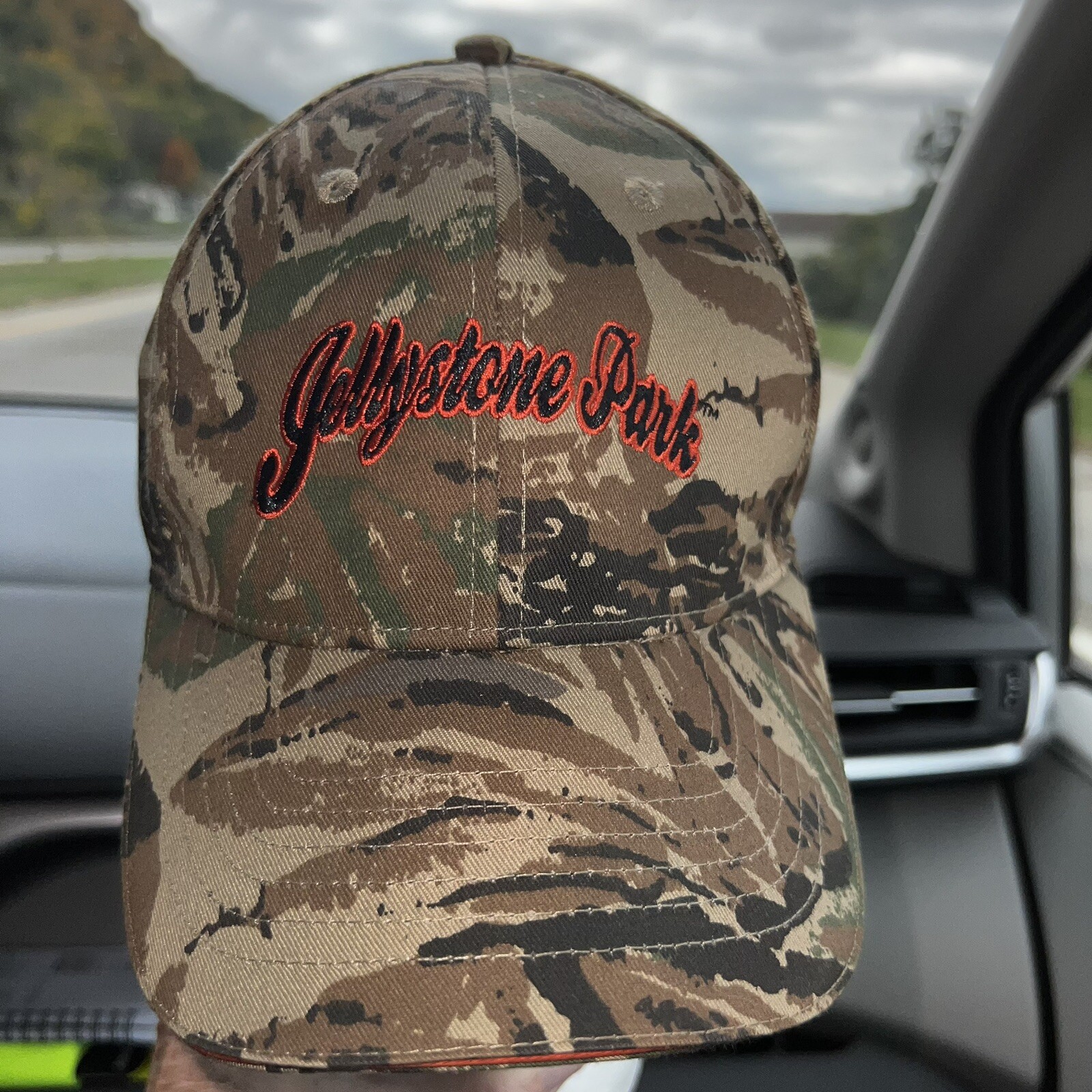 Jellystone Orange Letters w Black Outline on Camouflage Hat Cap Hook Loop EUC
