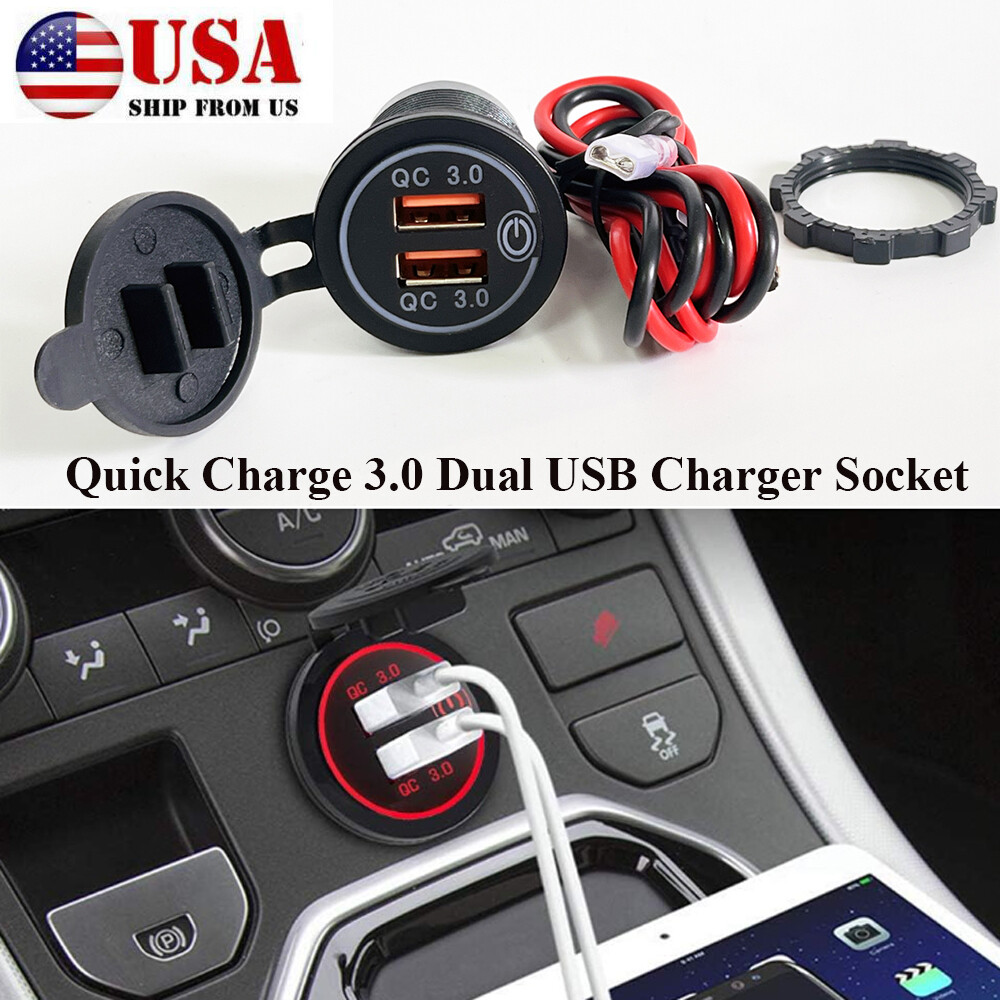 Red Quick Charge 3.0 Dual USB Car Charger Socket with Touch Switch 12V/24V 36W