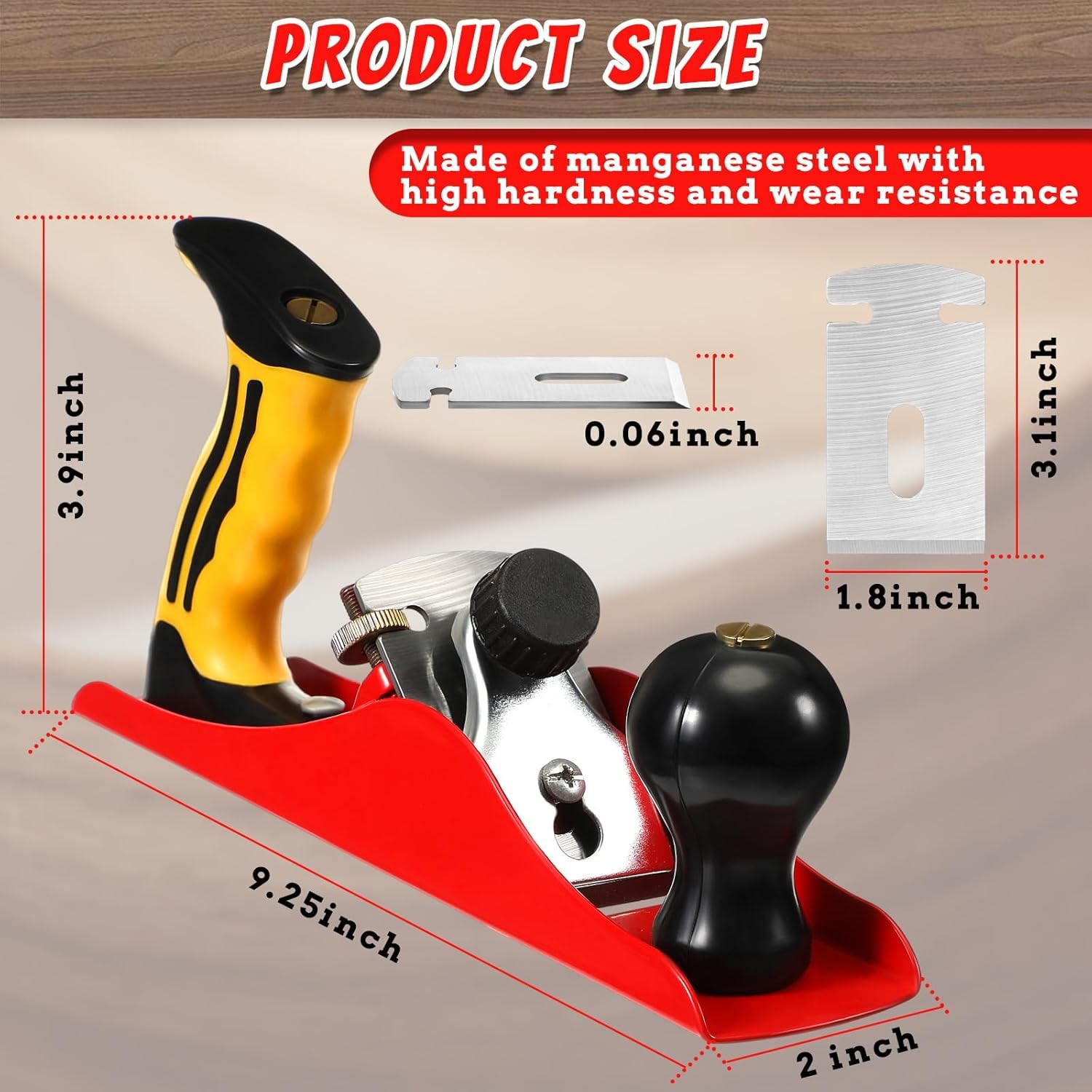 Hand Planer with 2 Inch Blade Adjustable Smoothing Wood Plane Universal Red