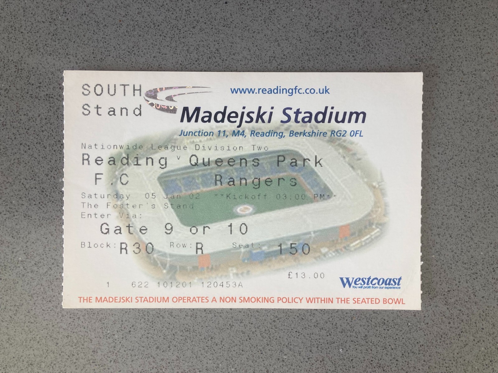 Reading v Queens Park Rangers 2001-02 Match Ticket