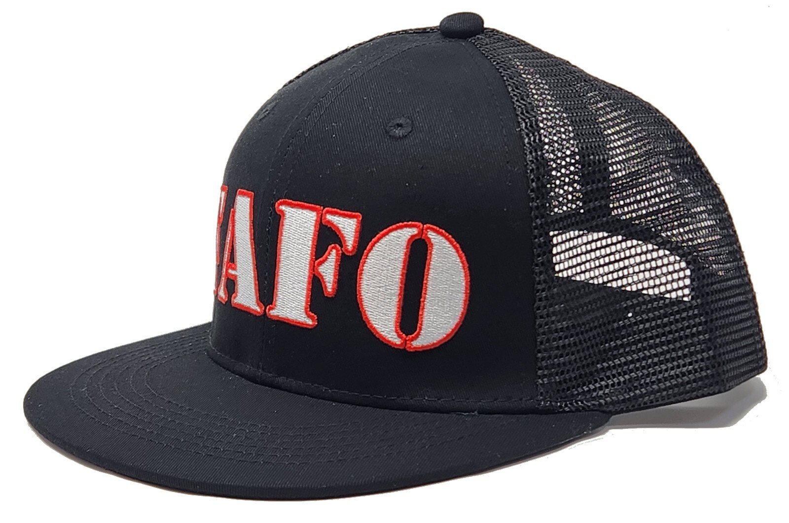 FAFO Mesh Adjustable Embroidered Flat Bill Truckers' Cap Hat Black