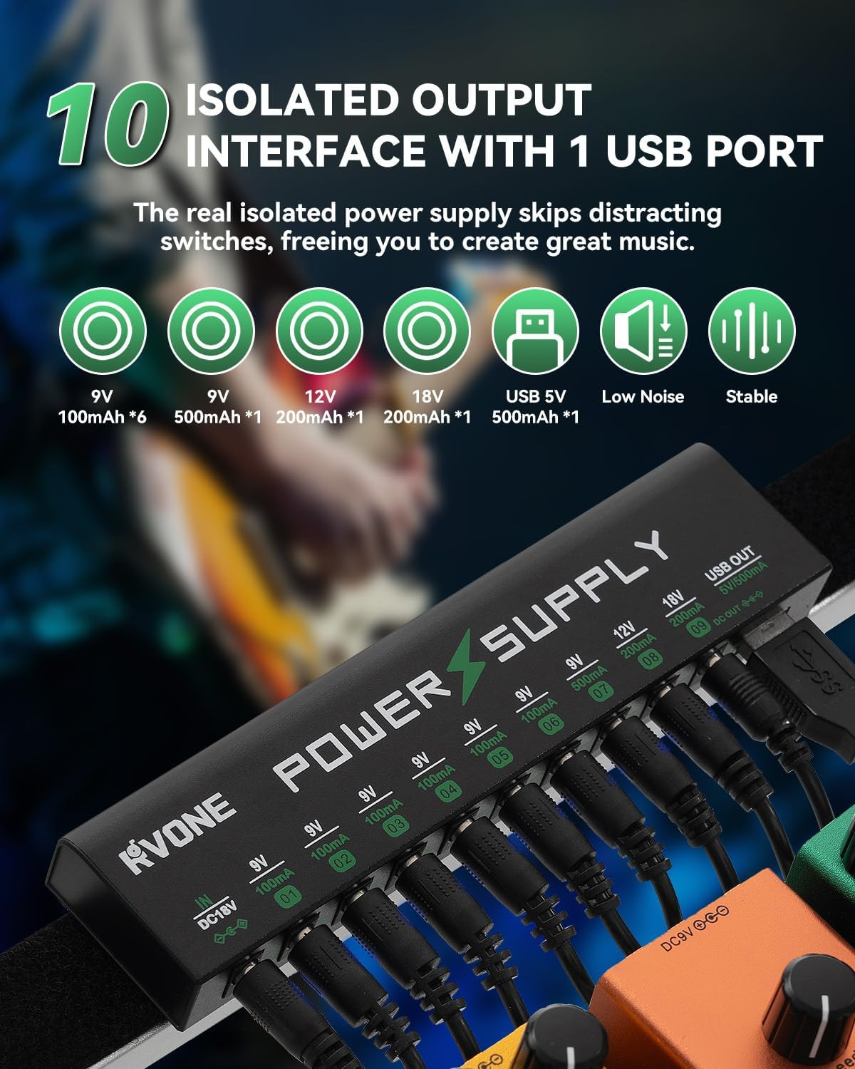 Guitar Pedal Power Supply, 10 Isolated DC Outputs for 9V/12V/18V Effects