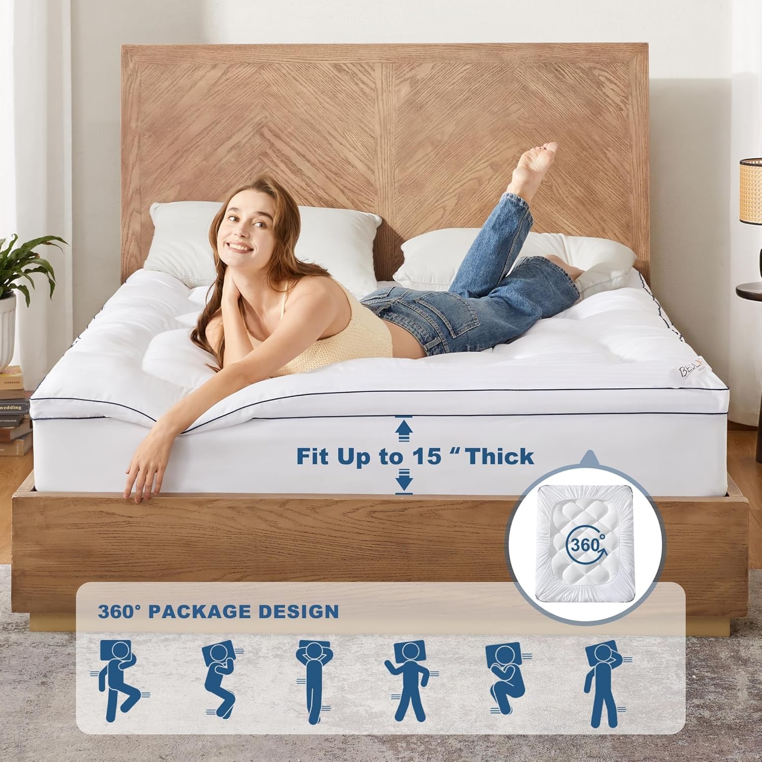BEDLORE Twin Mattress Topper, Thick Pillow Top Pad for Back Pain Twin, White