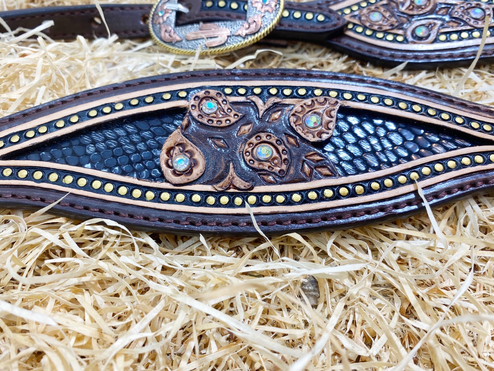 Western Leather Headstall Set Horse Decorated with Paisley Carving Gifts MOUSM