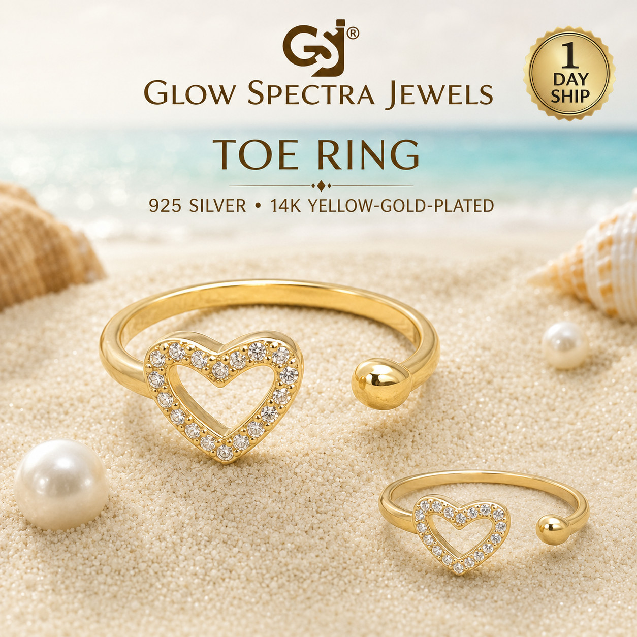 Women's Daily Wear Double Heart Adjustable Toe Ring 14K Yellow Gold Plated
