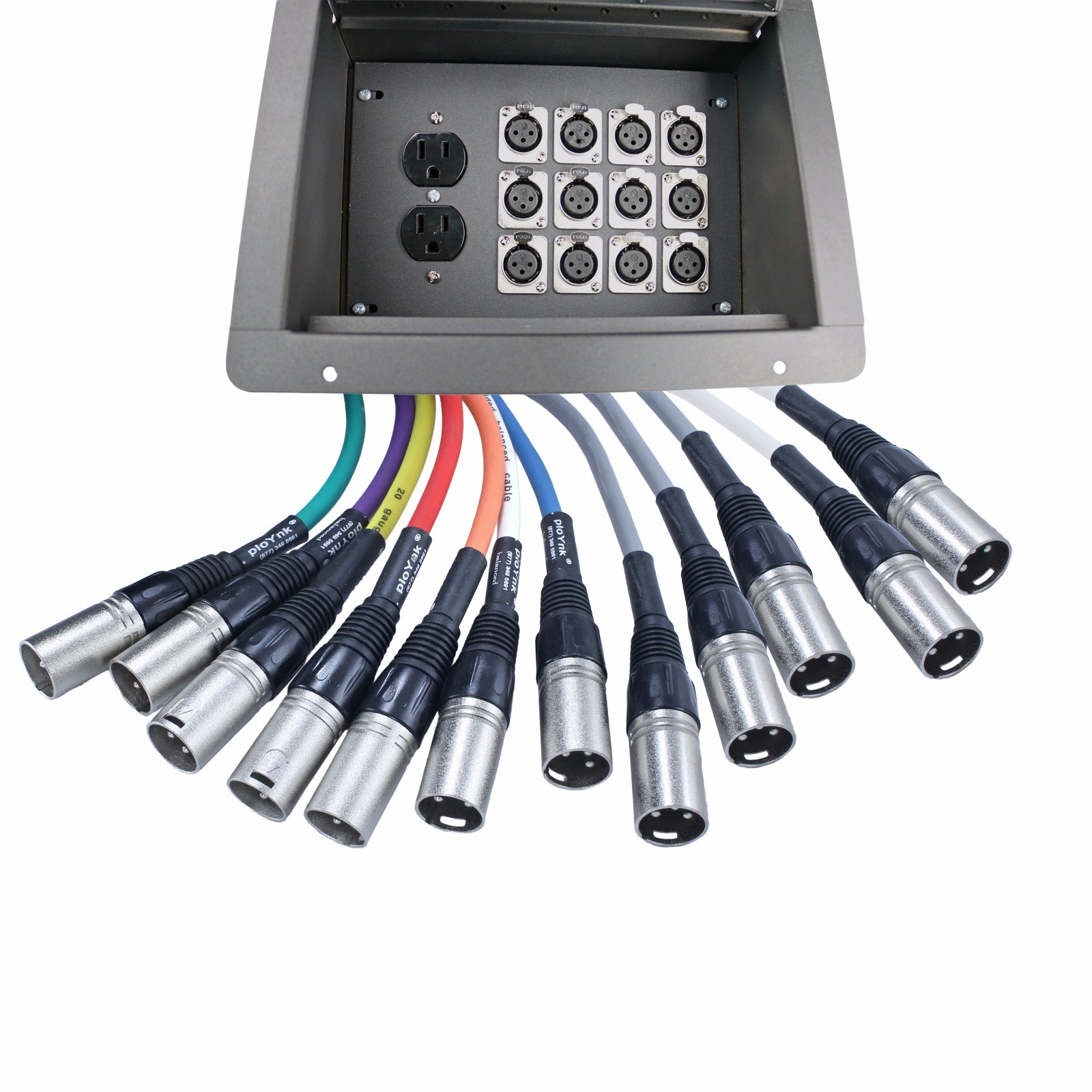 Recessed hinged lid in floor pocket stage box with AC & XLR mic microphone jacks