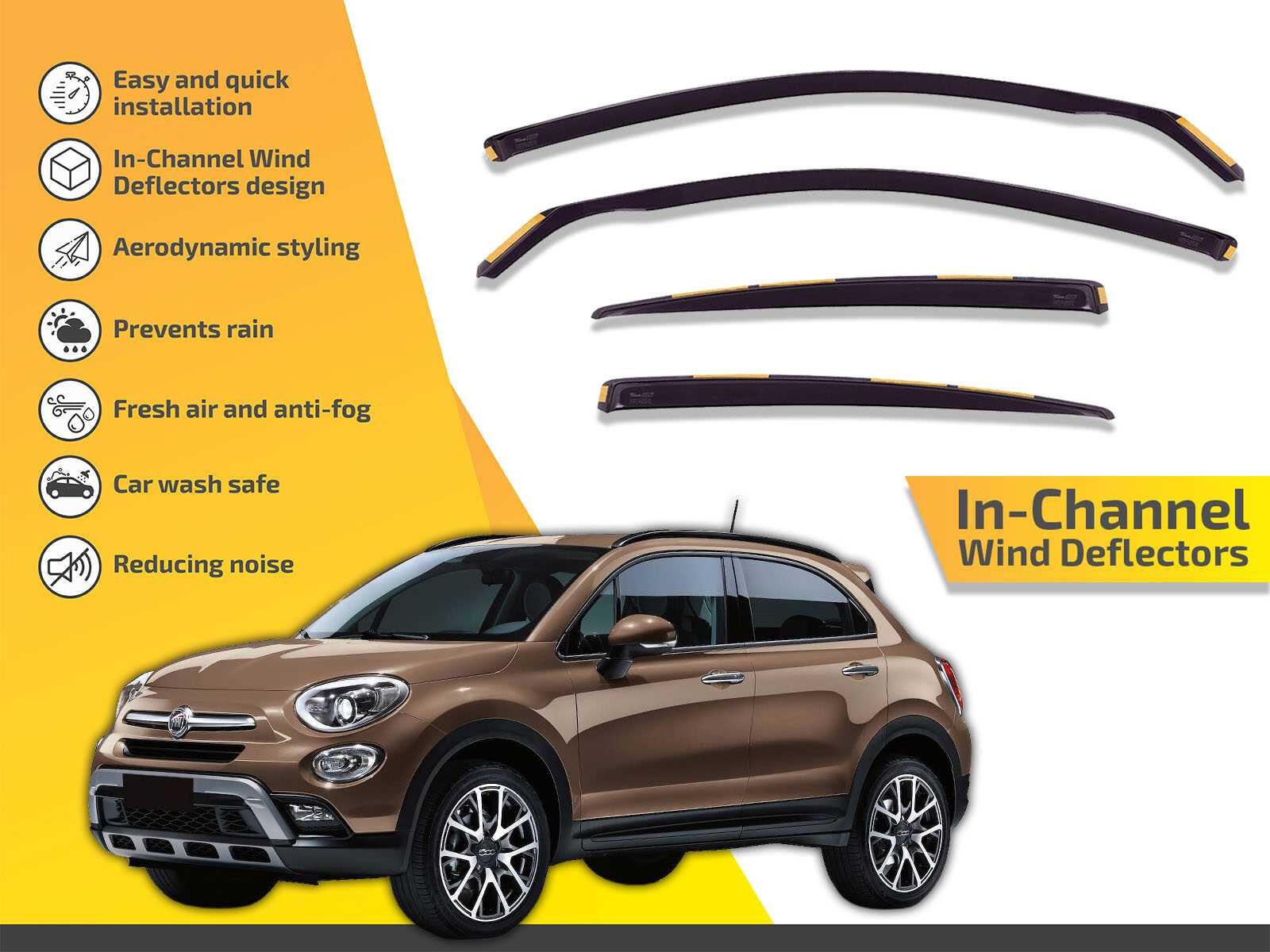 Wind Deflectors In Channel For Fiat 500X 2016-2023 4-Pcs Sun Visors Rain Guard