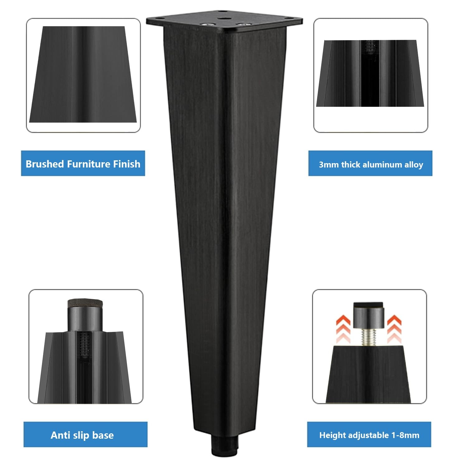 6 inch Brushed Black Aluminum Furniture Legs Set of 4, Adjustable Metal Dress...
