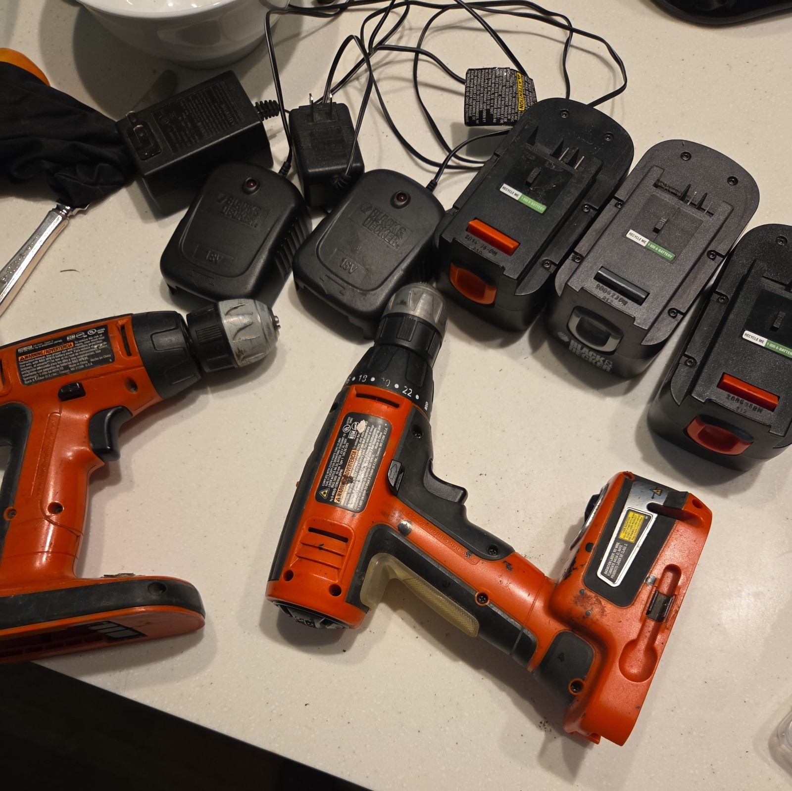 Black & Decker CDC1800 w/LASER Cordless Drills (TWO) w/ 3 Battery & 2 Chargers