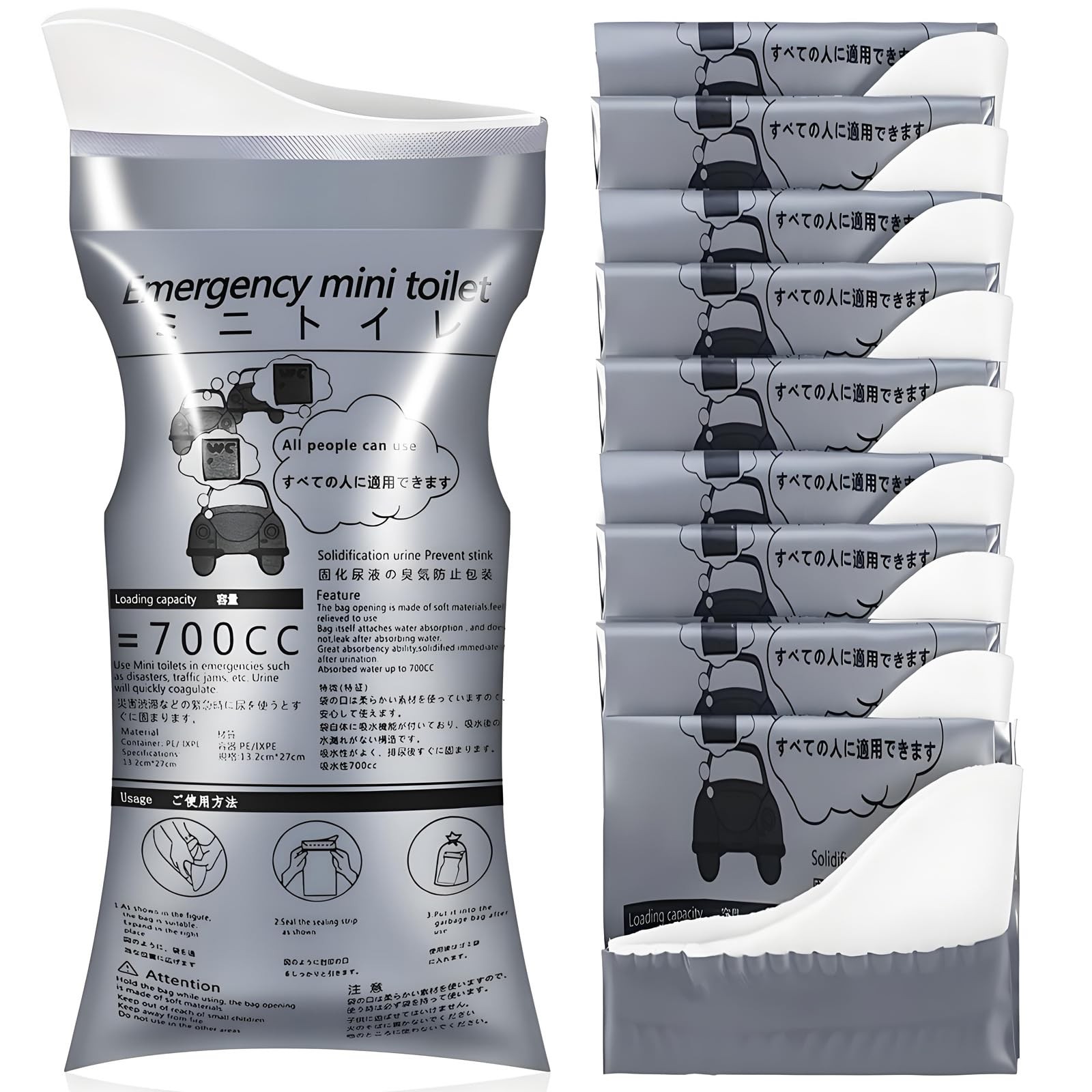10 Pack Disposable Emergency Urinal Bag, Portable Camping Pee Large, silver