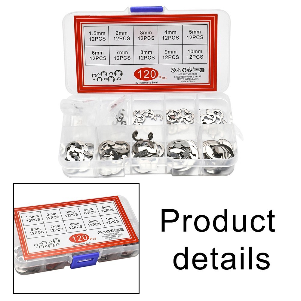 120pc Retaining Ring Assortment Stainless Steel E-Clips Washers M1.5-M10