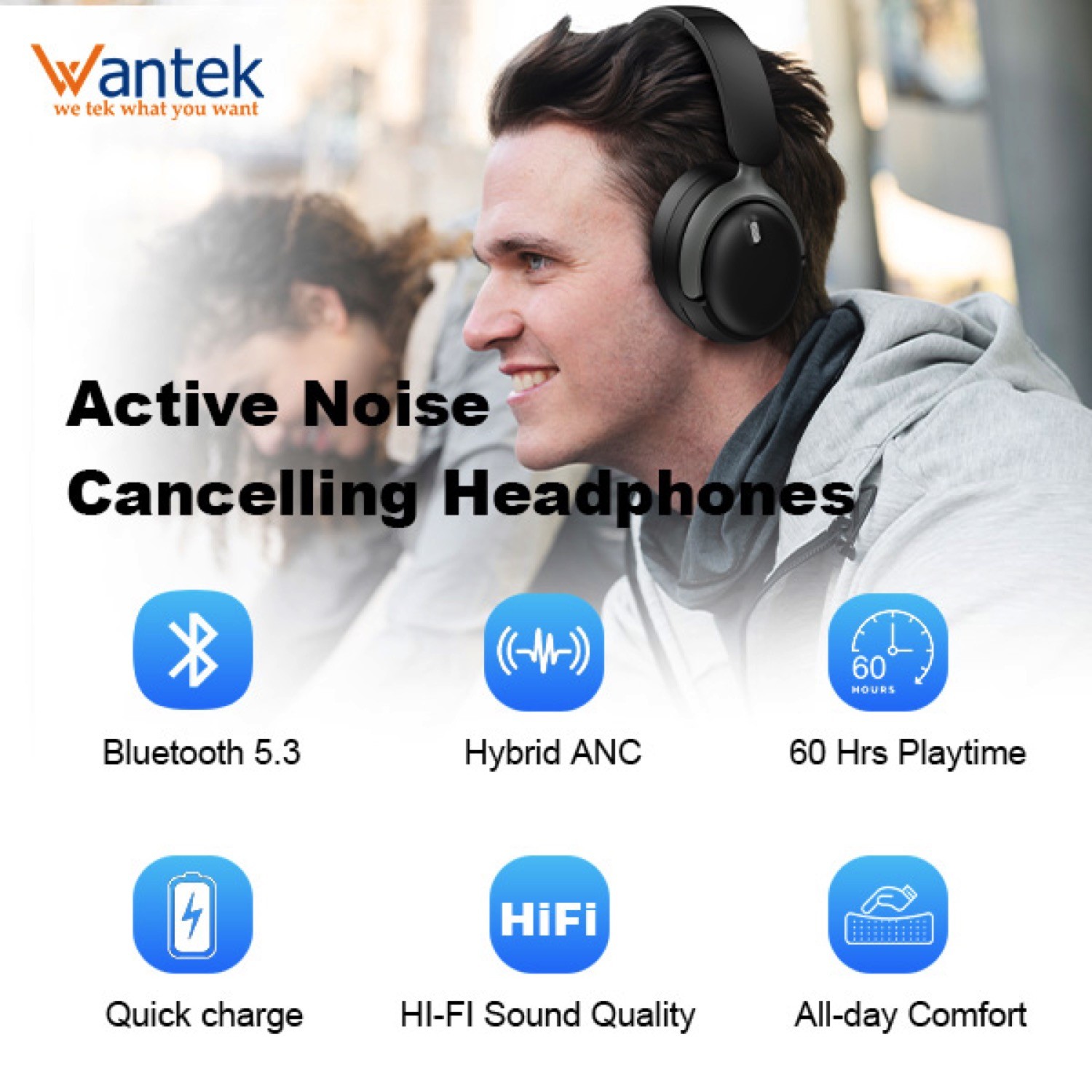 Wantek Over-ear Headphone Foldable Active Noise Cancelling Bluetooth Headset