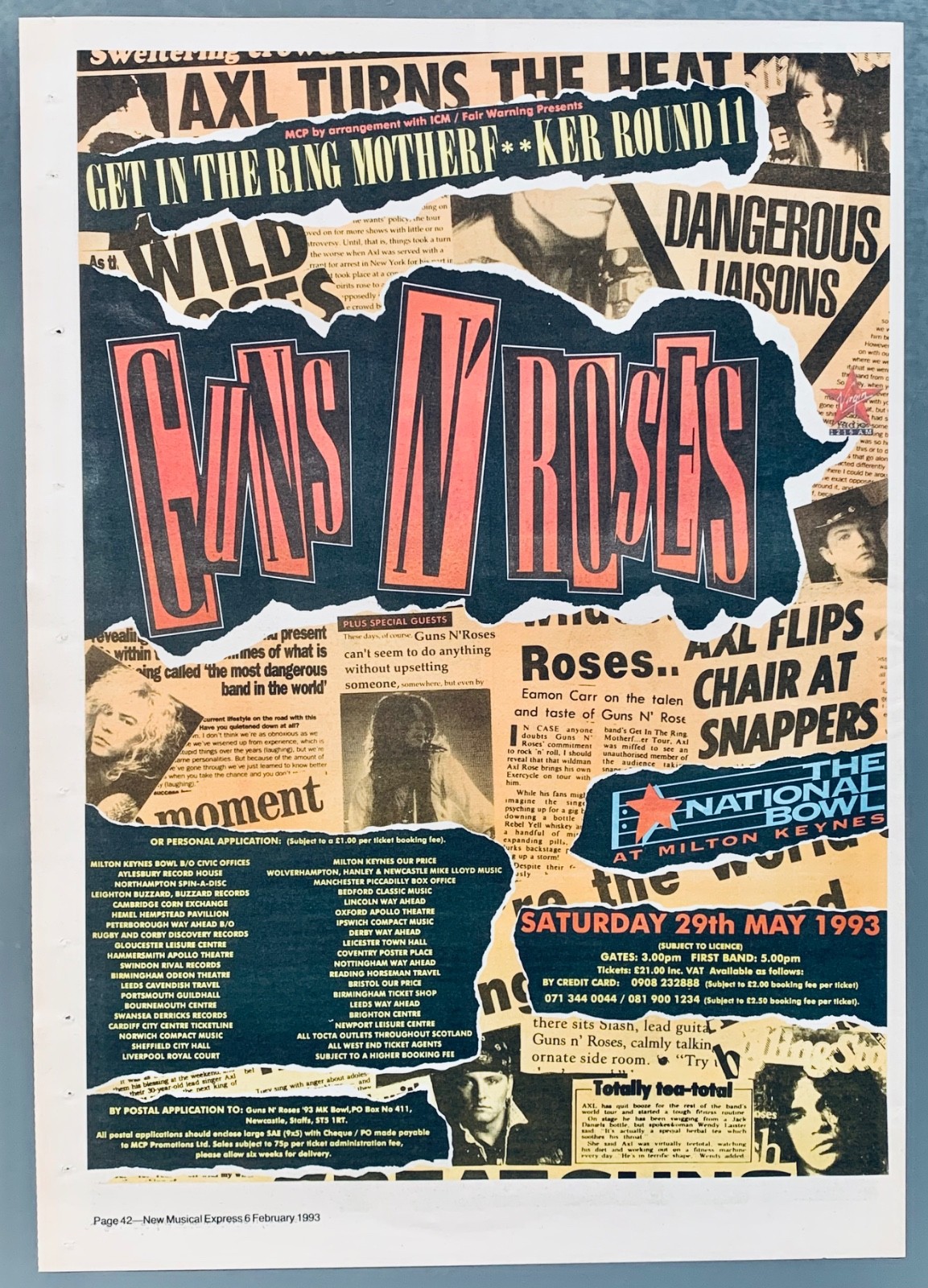 GUNS N' ROSES  vintage 1993 UK ADVERT CONCERT MILTON KEYNES NATIONAL BOWL