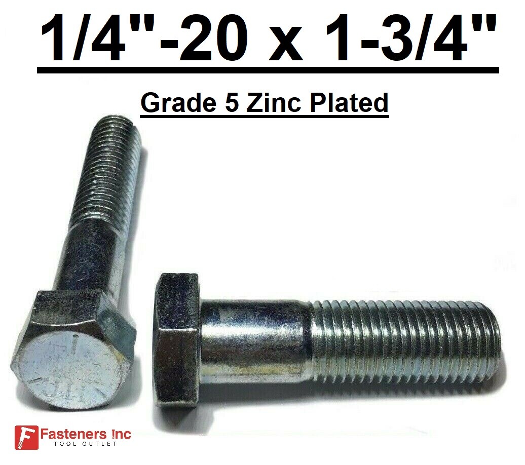 1/4-20 x 1-3/4" (PT) Hex Bolt Zinc Plated Grade 5 Cap Screw Coarse Thread