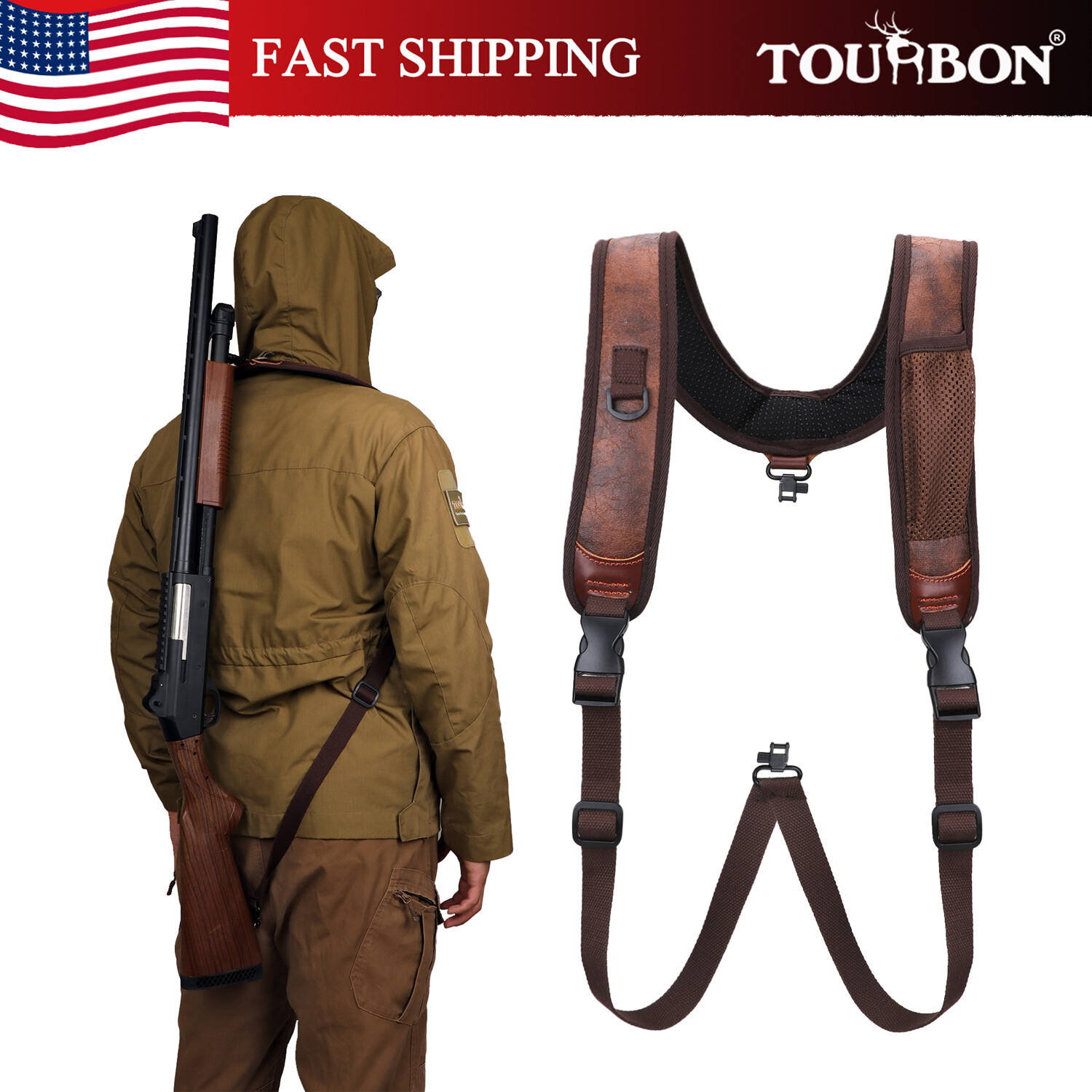 TOURBON PU Leather Rifle Shotgun Suspender Rucksack Sling Swivels Padded Nonslip