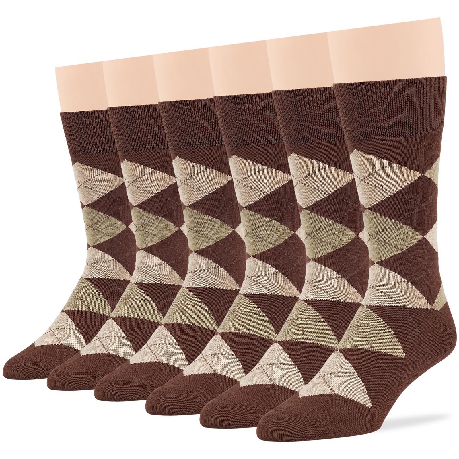 Men's Cotton 6 Pack Argyle Dress Business Wedding Crew Socks Large 10-13 Brown