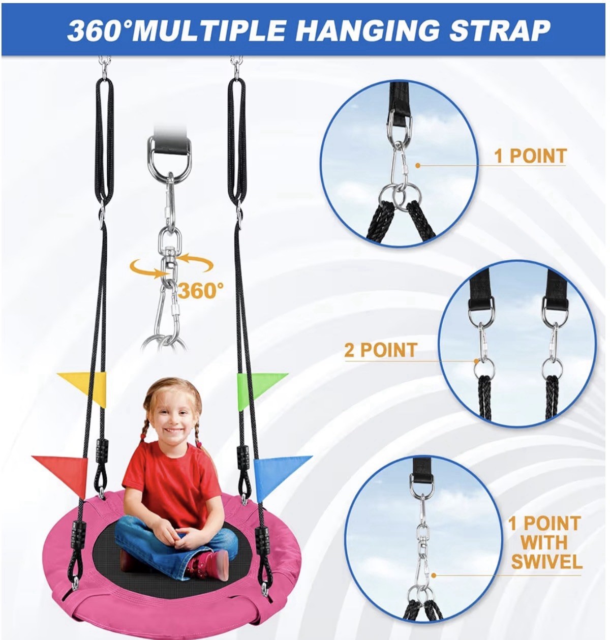 Pink 24in Kids Saucer Swing Outdoor Tree Swing Ages 3-12
