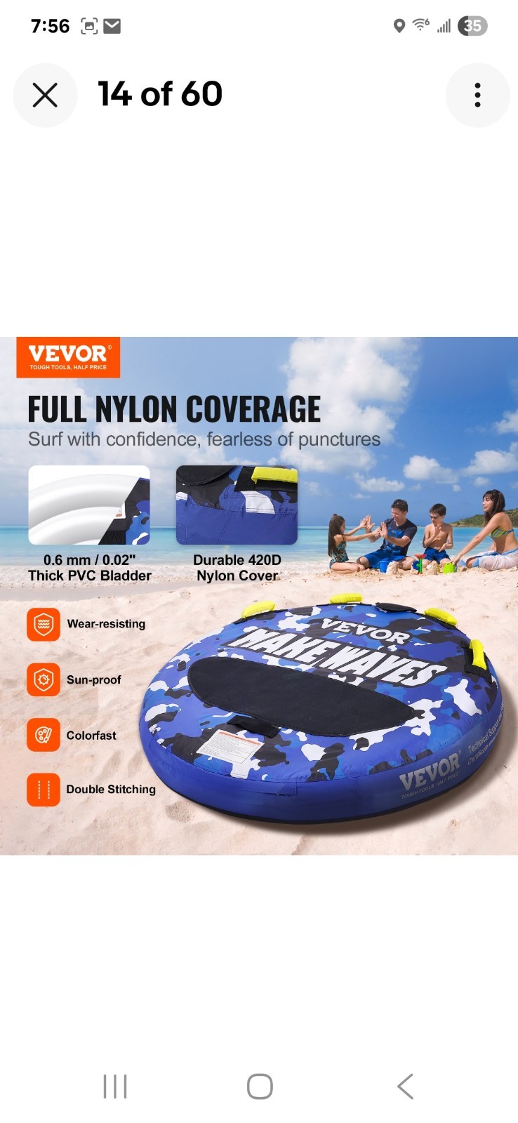 VEVOR Inflatable Towable Tube for Boating 1-2/1-3 Rider 51.8/63 inch Water Sport