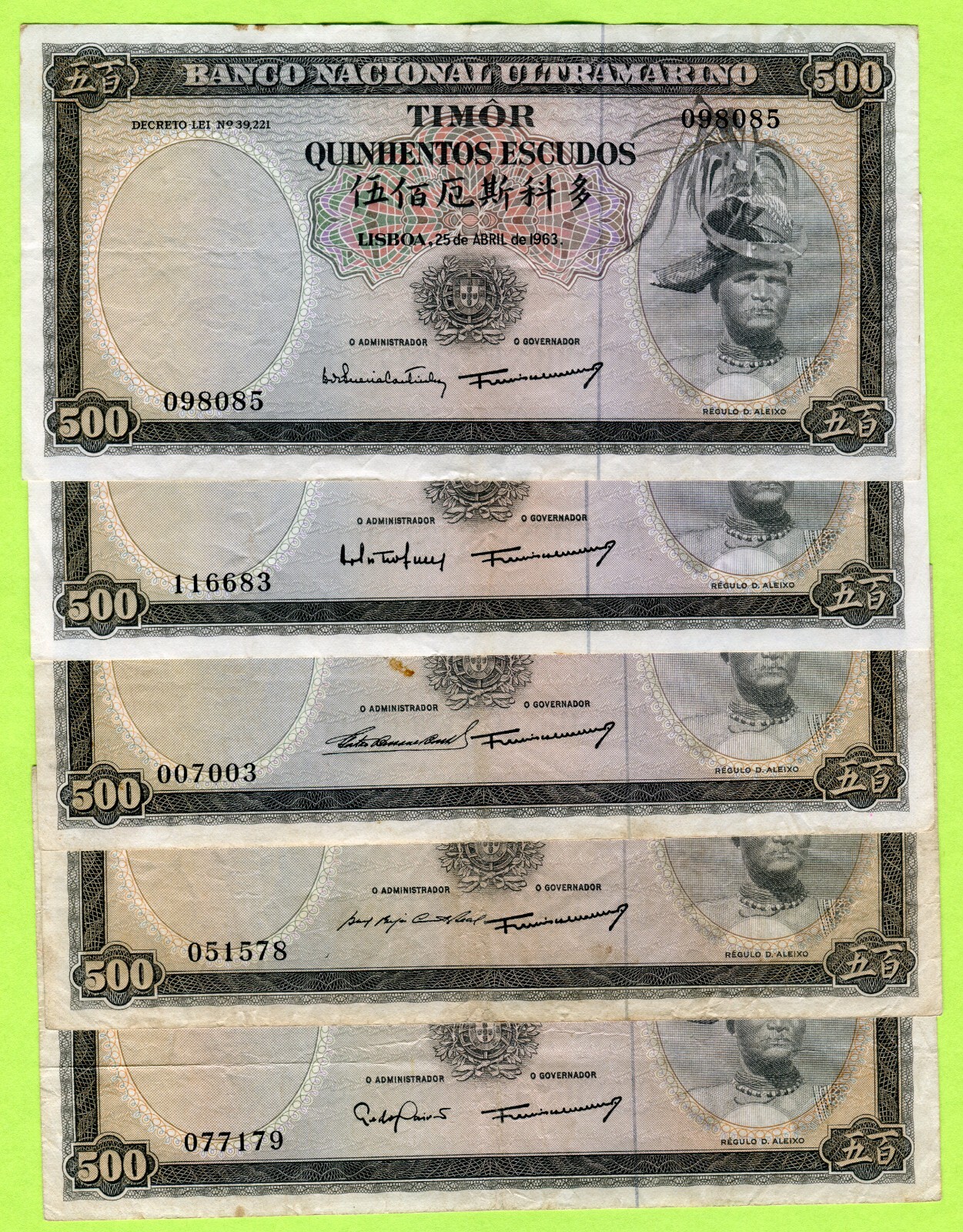 Timor 500 Escudos 1963 P29a1 P29a2 EF / P29a3 P29a4 P29a6 VF Used