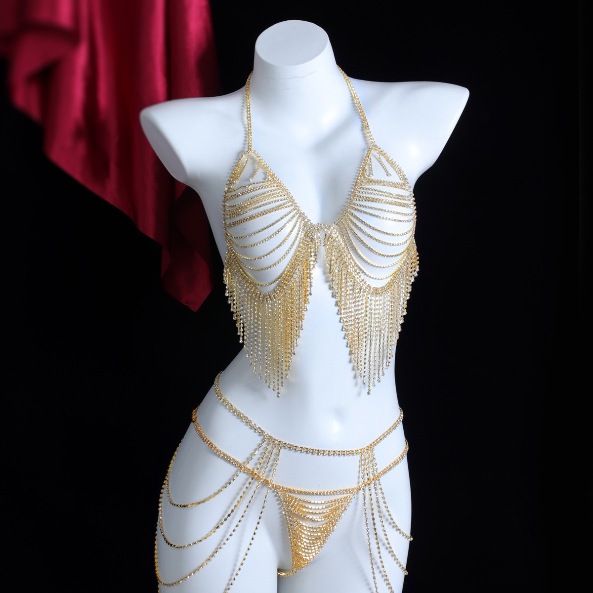 Hot Women Rhinestone Chest Bras Metal Tassel Beach Bikini Body Chain Set Party