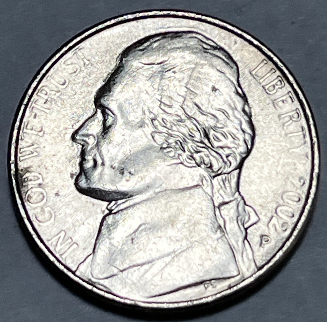 2002 P Jefferson Nickel Error Weak Strike Through Grease Faint Date & Lettering