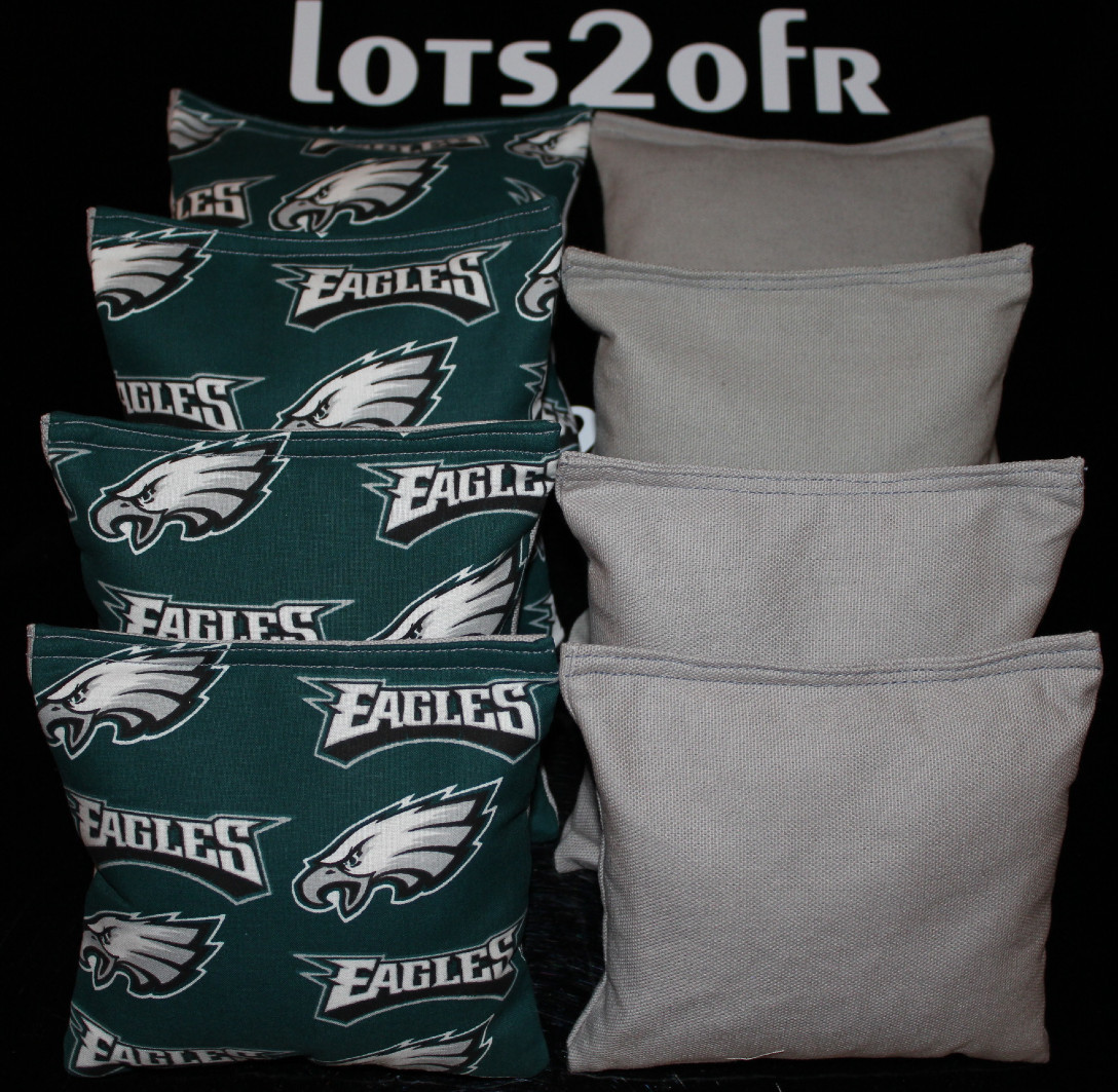 CORNHOLE BEAN BAGS made w PHILADELPHIA EAGLES fabric on both sides of bags NFL