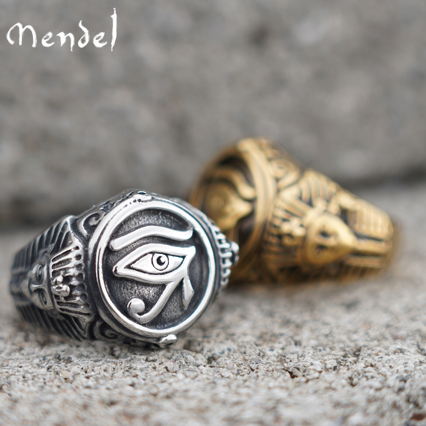 MENDEL Mens Gold Plated Egyptian Eye Of Horus Ra Pharaoh Ring S-Steel Size 7-15