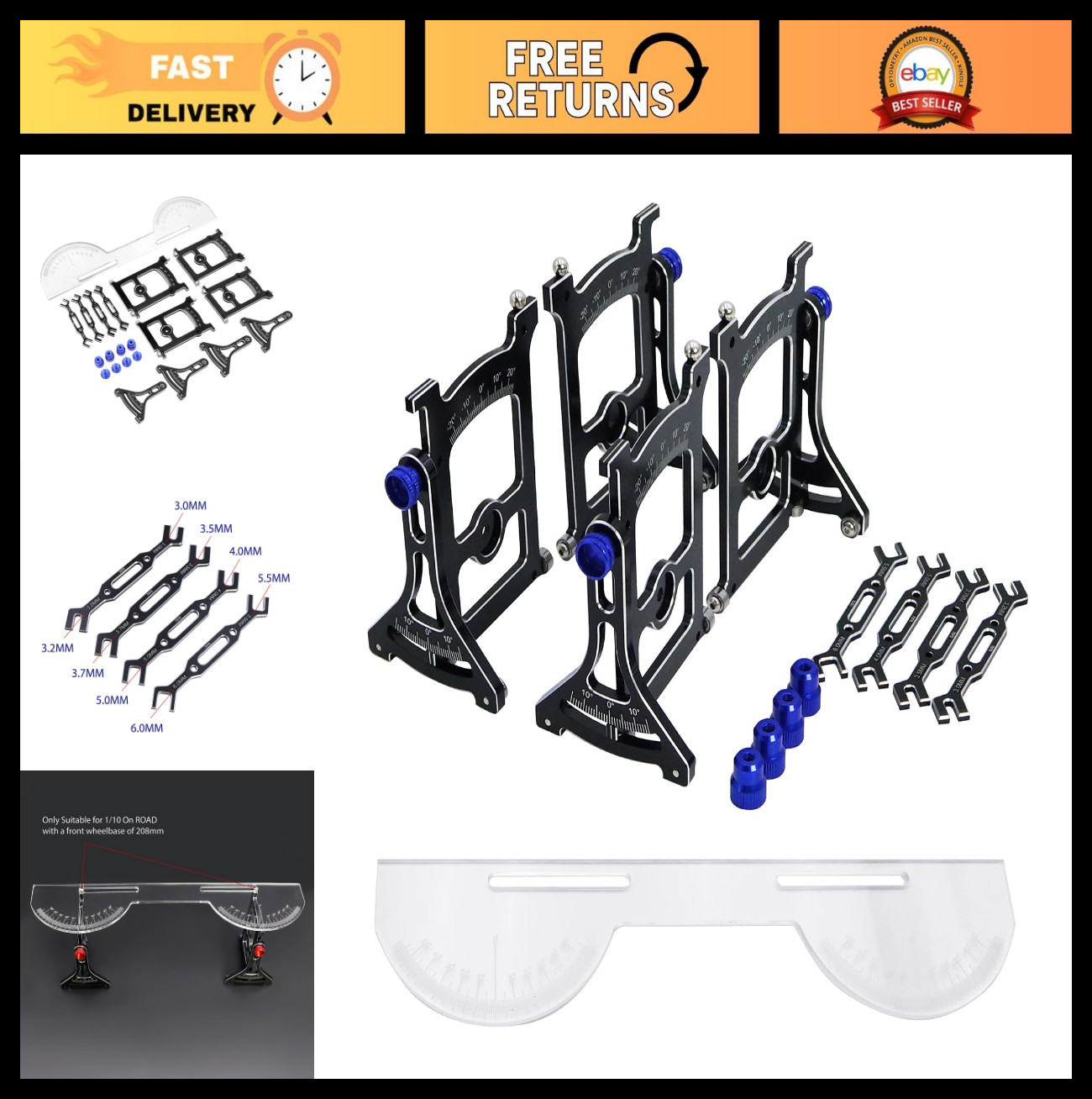 Aluminum Chassis Setup Tool Set with Ruler, Wrench & Camber Gauge for 1/10 RC Ca