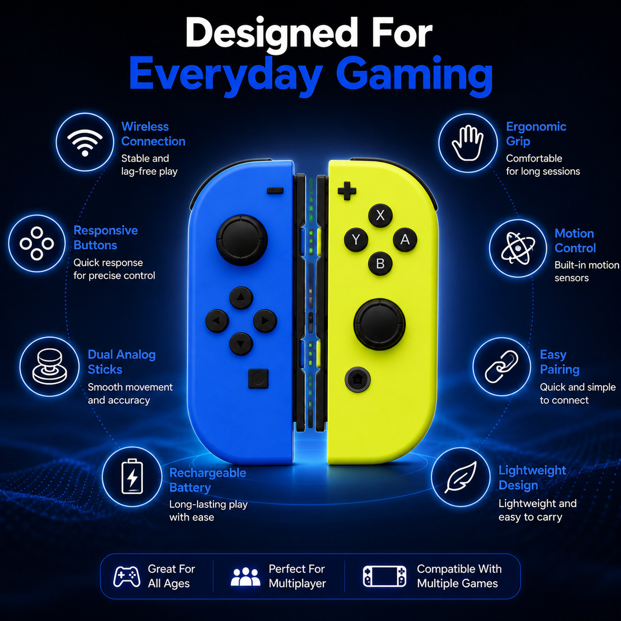 Wireless Joy Con Controllers Compatible with Nintendo Switch Blue & Neon Yellow