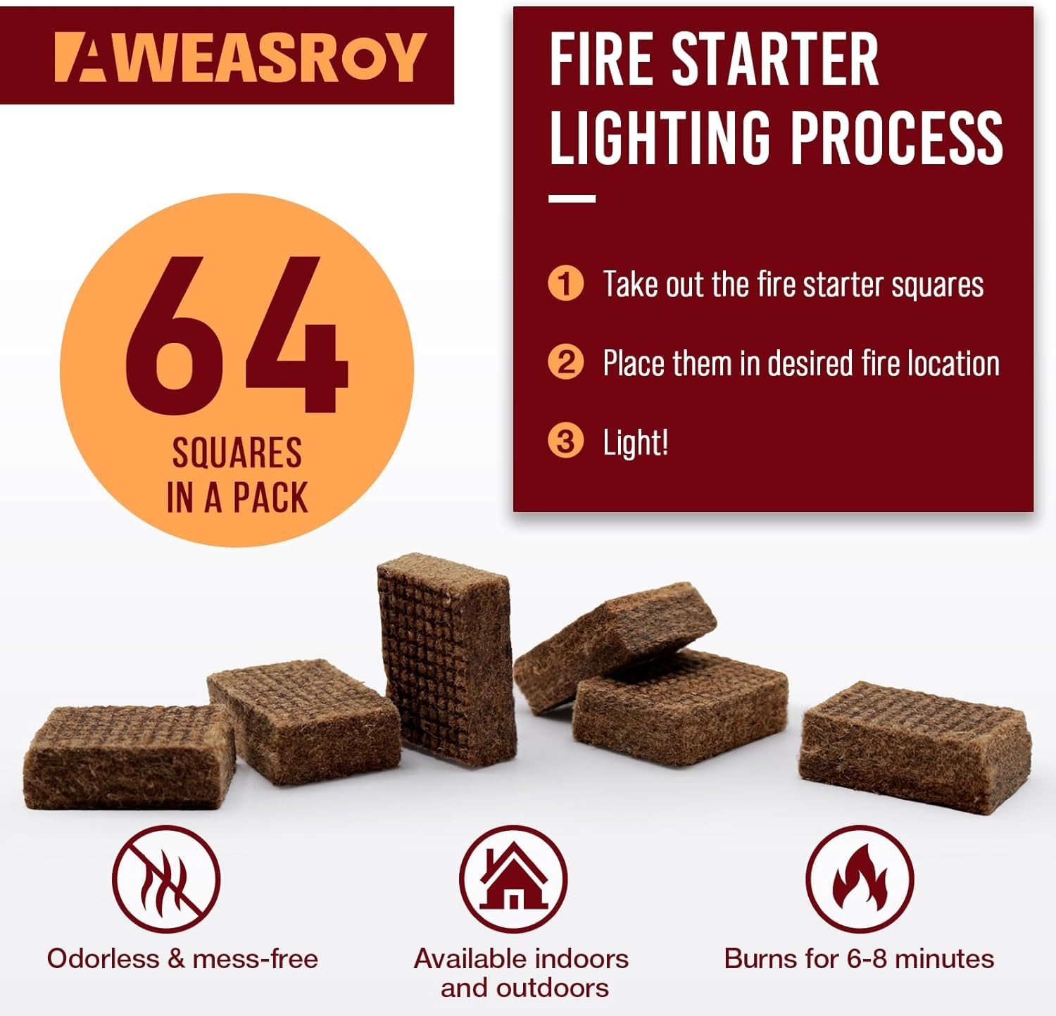64 Pack Fire Starter Squares - Fast, Safe, & Effective for Fire Lighting