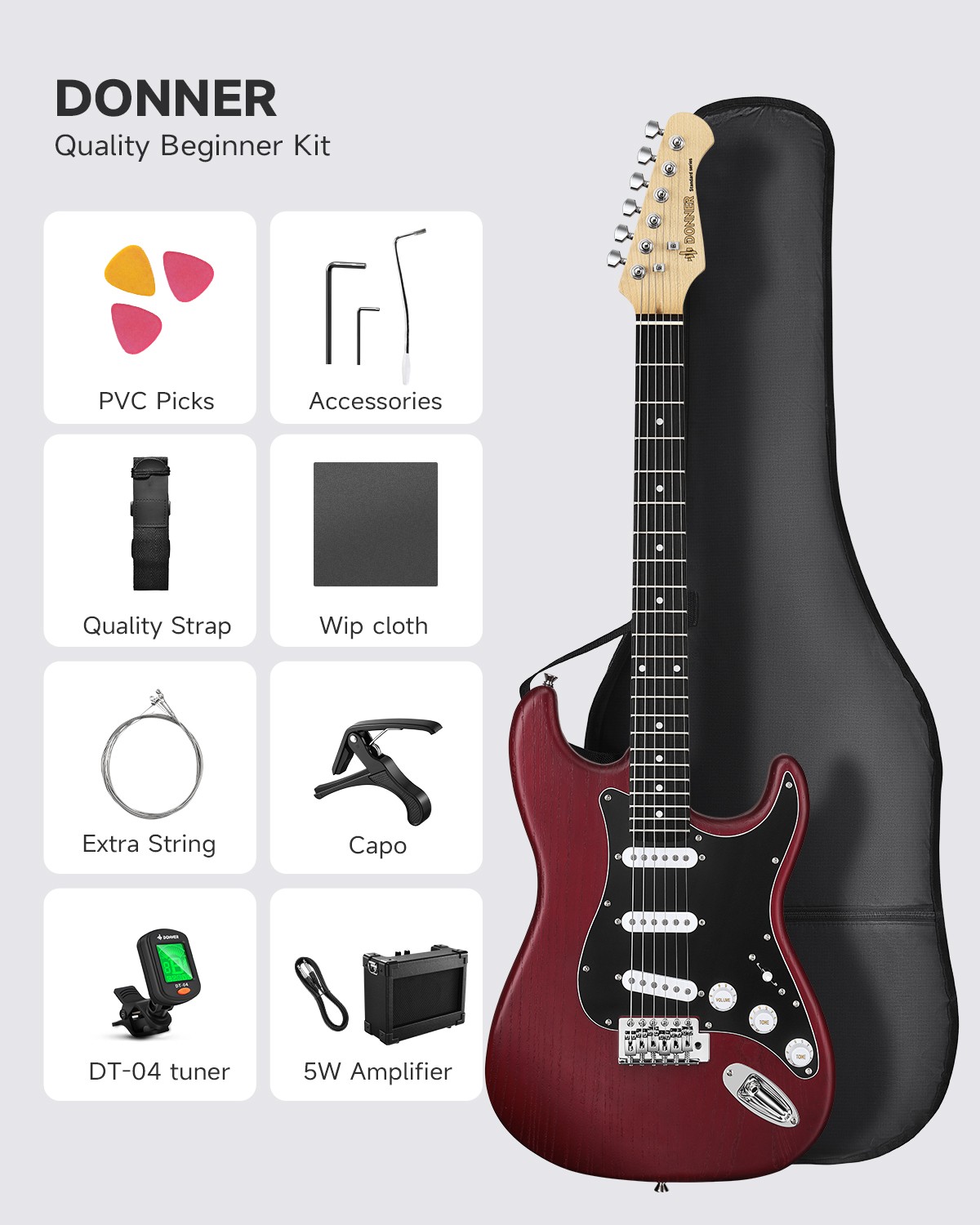 🎸 Donner DST-80 Electric Guitar Bundle + Amplifier Gig Bag & Accessories | Red
