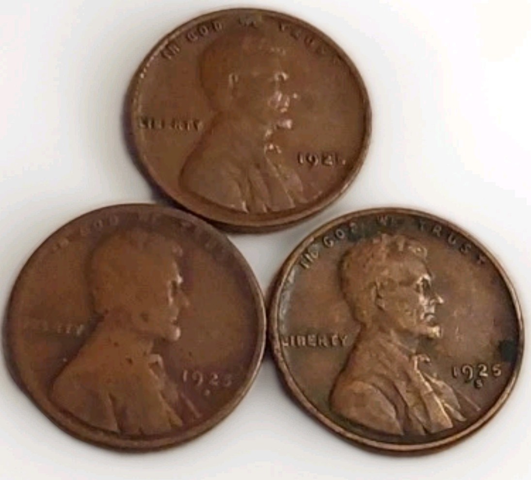 Total Of Three-1925 PDS Lincoln 1C Wheat Pennies VF Brown Better Date Free Post